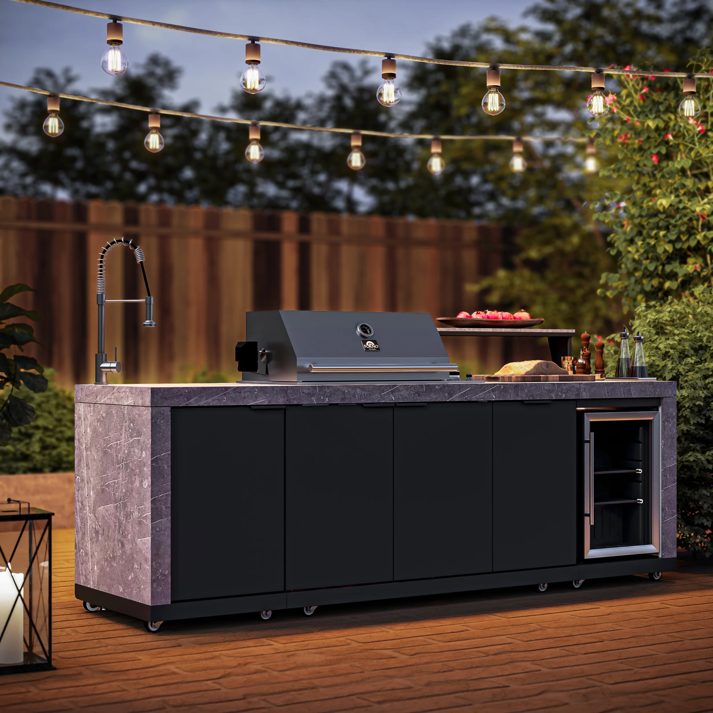 Forno Rimini Outdoor Kitchen 30" BBQ 62,600 BTU, 3 Burners with Sear & Rotisserie, 2.4 cu.ft. Beverage Center, Stainless Steel Sink, Black Cabinets & Gray Sintered Stone Countertop - Image 23