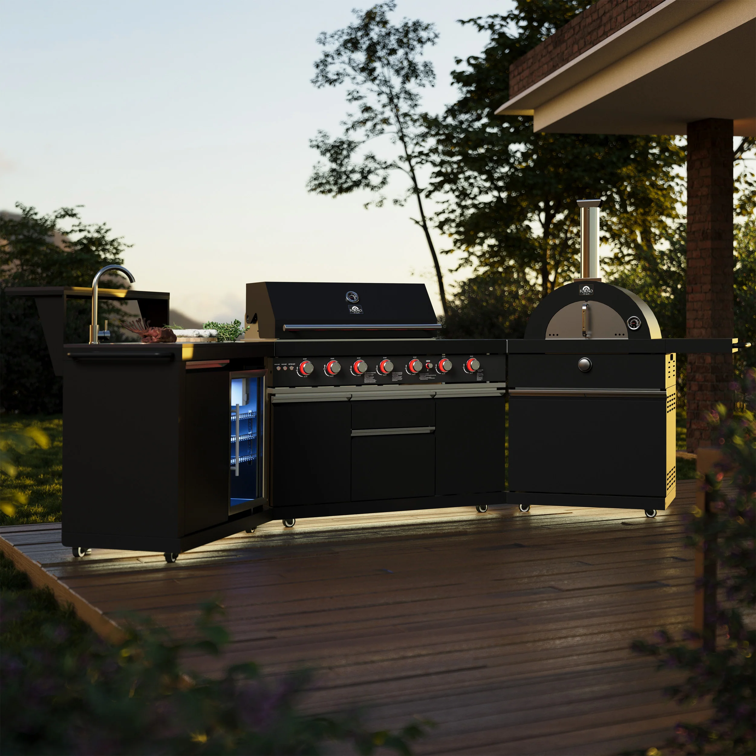 Forno All’Aperto 87,600 BTU Outdoor Kitchen, 4 Burners, Infrared Burners, Side Burner, Black Sintered Stone Countertops, Gas Pizza Oven, Sink Module, Bar & Beverage Center - Image 22