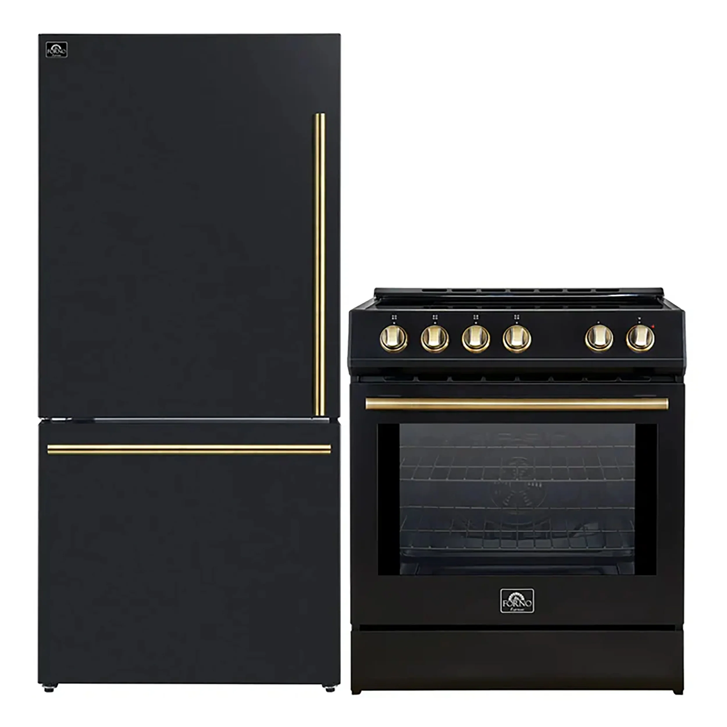 FORNO 2-Piece Black Kitchen Bundle - 30" Induction Range and 31" Bottom Freezer Refrigerator