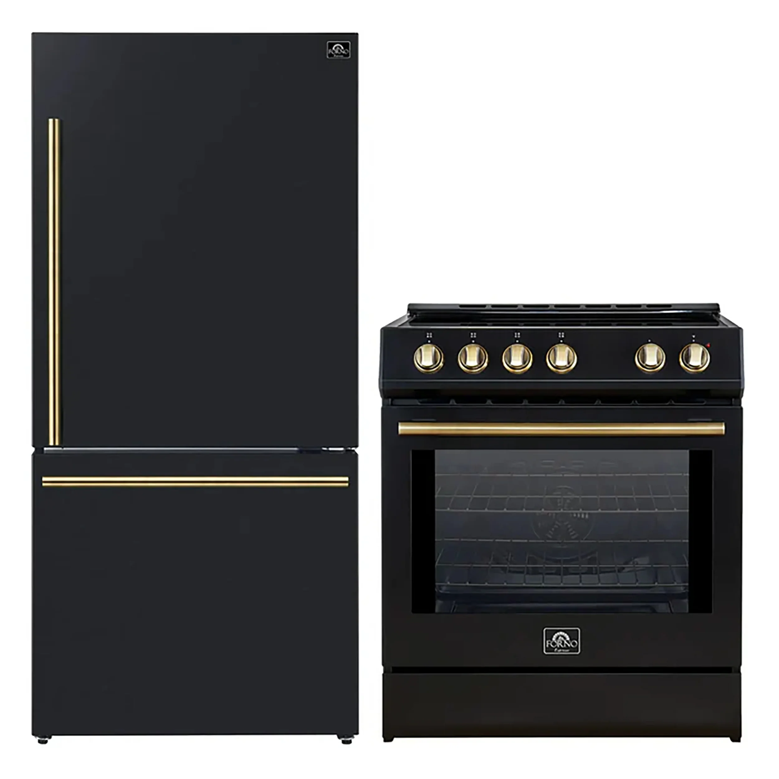 FORNO 2-Piece Black Kitchen Bundle - 30" Induction Range and 31" Bottom Freezer Refrigerator