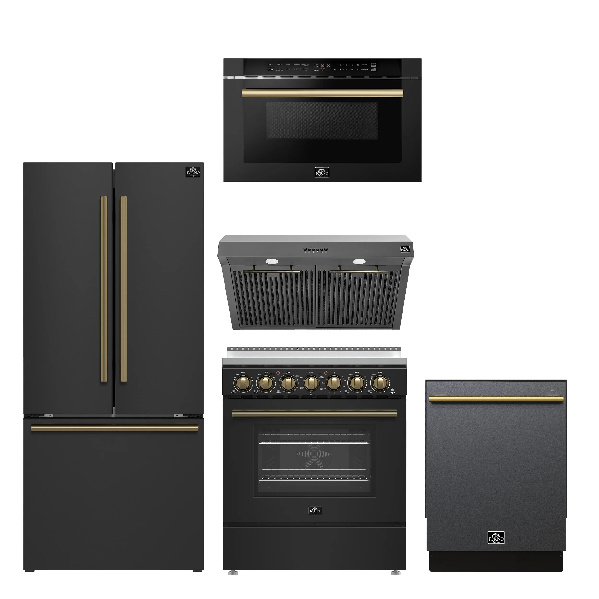 FORNO 5-Piece Black Stainless Steel Kitchen Bundle β Home Depot Exclusive β 30β Electric Range, 30β French Door Refrigerator, 30β Range Hood, 24β Microwave Drawer, 24β Built-In Dishwasher | SKU: FBDL-THD-003BLK