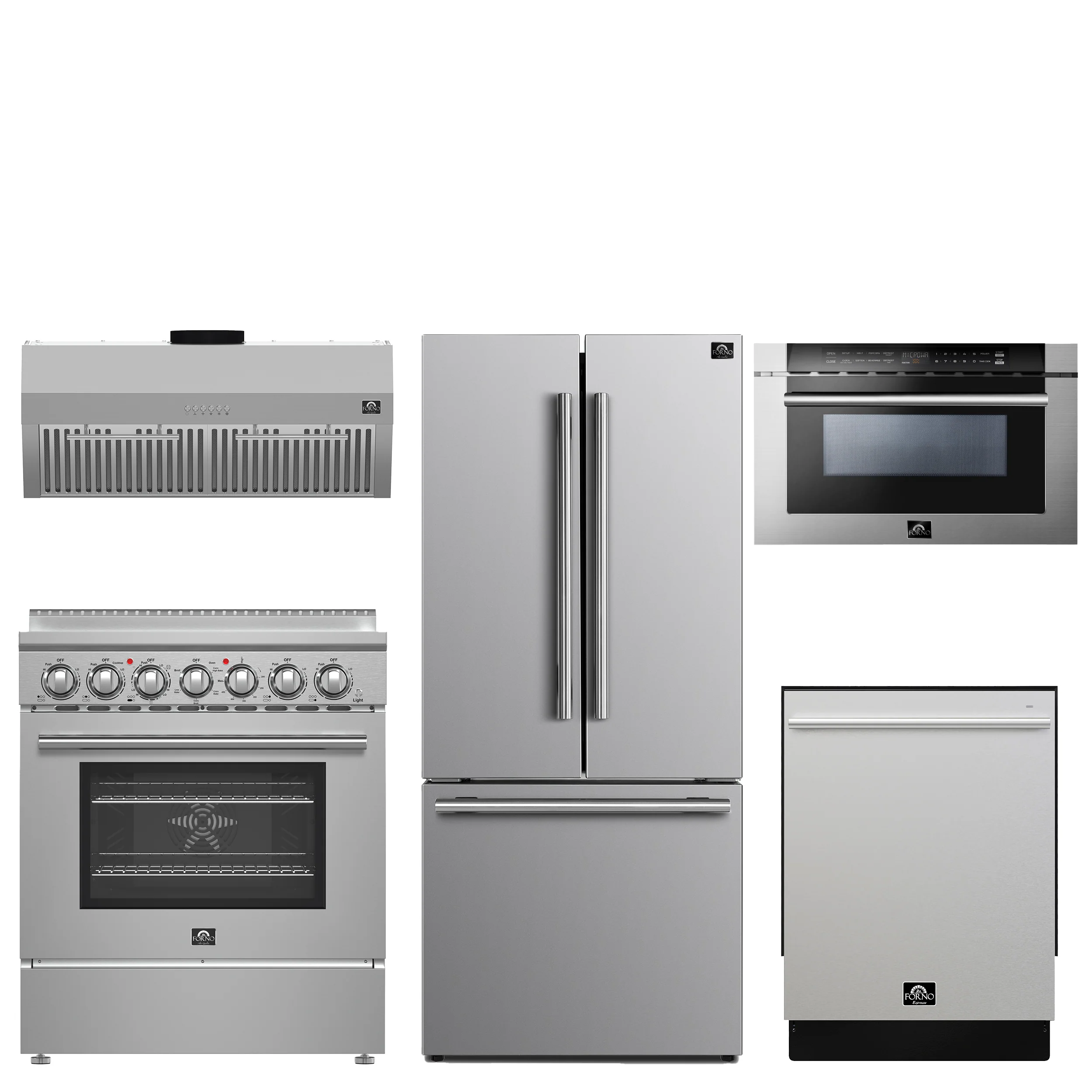 FORNO 5-Piece Stainless Steel Kitchen Bundle – Home Depot Exclusive – 30” Electric Range, 30” French Door Refrigerator, 30” Range Hood, 24” Microwave Drawer, 24” Built-In Dishwasher | SKU: FBDL-THD-003