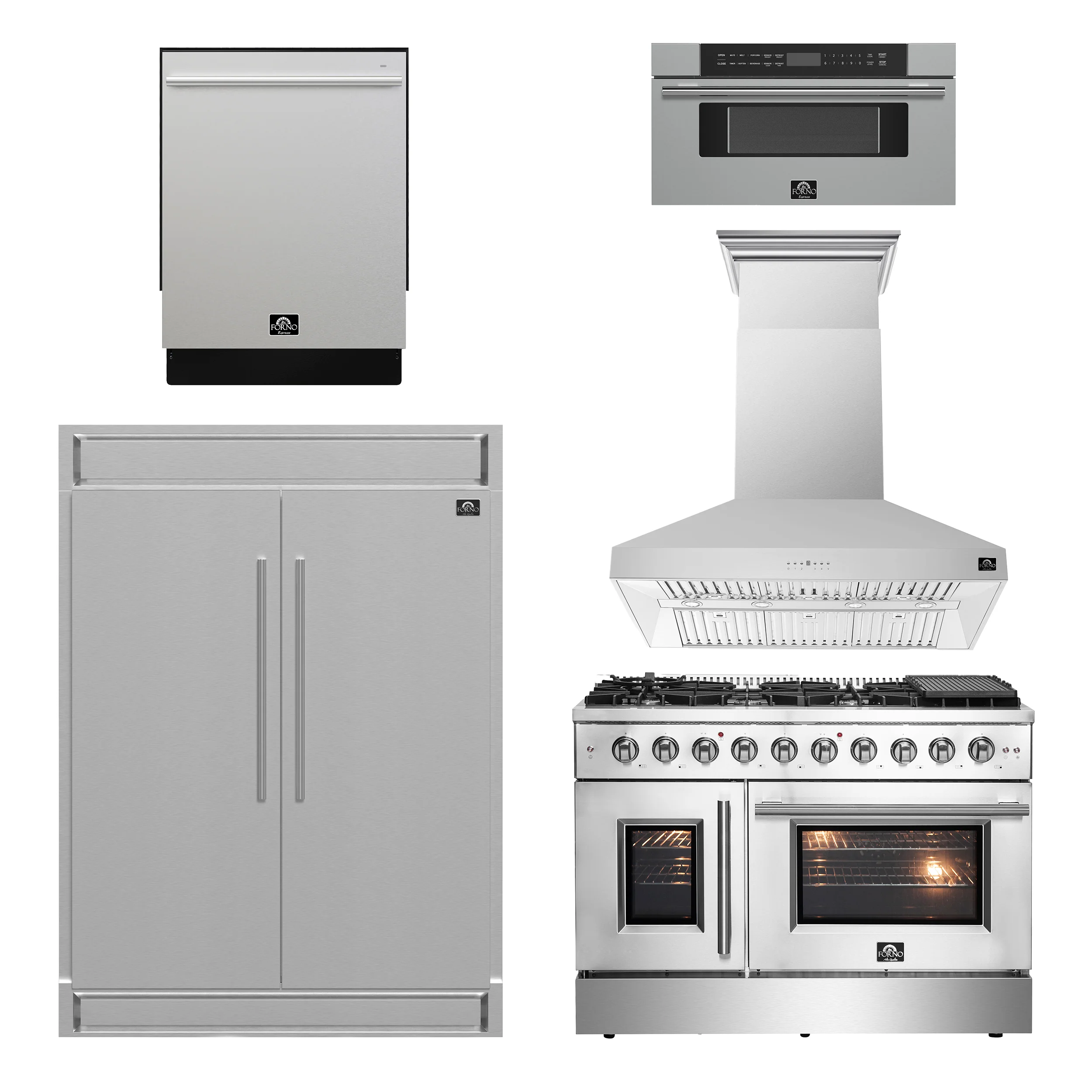 FORNO 5-Piece Stainless Steel Kitchen Bundle β Home Depot Exclusive β 48β French Door Gas Range, 48β Wall Mount Range Hood, 30β Microwave Drawer, 24β Built-In Dishwasher, 2Γ28β Convertible Refrigerator Freezer with Decorative Trim | SKU: FBDL-THD-004