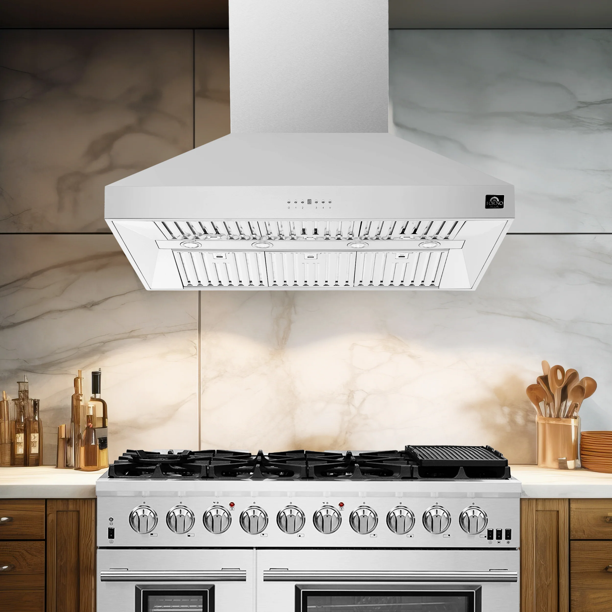 FORNO 5-Piece Stainless Steel Kitchen Bundle β Home Depot Exclusive β 48β French Door Gas Range, 48β Wall Mount Range Hood, 30β Microwave Drawer, 24β Built-In Dishwasher, 2Γ28β Convertible Refrigerator Freezer with Decorative Trim | SKU: FBDL-THD-004 - Image 11