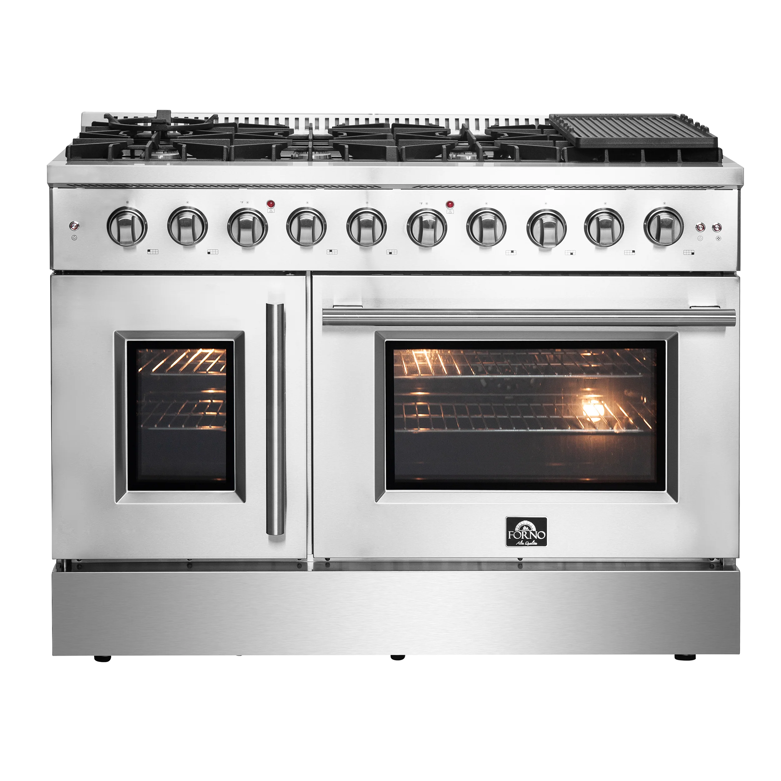 FORNO 5-Piece Stainless Steel Kitchen Bundle β Home Depot Exclusive β 48β French Door Gas Range, 48β Wall Mount Range Hood, 30β Microwave Drawer, 24β Built-In Dishwasher, 2Γ28β Convertible Refrigerator Freezer with Decorative Trim | SKU: FBDL-THD-004 - Image 4