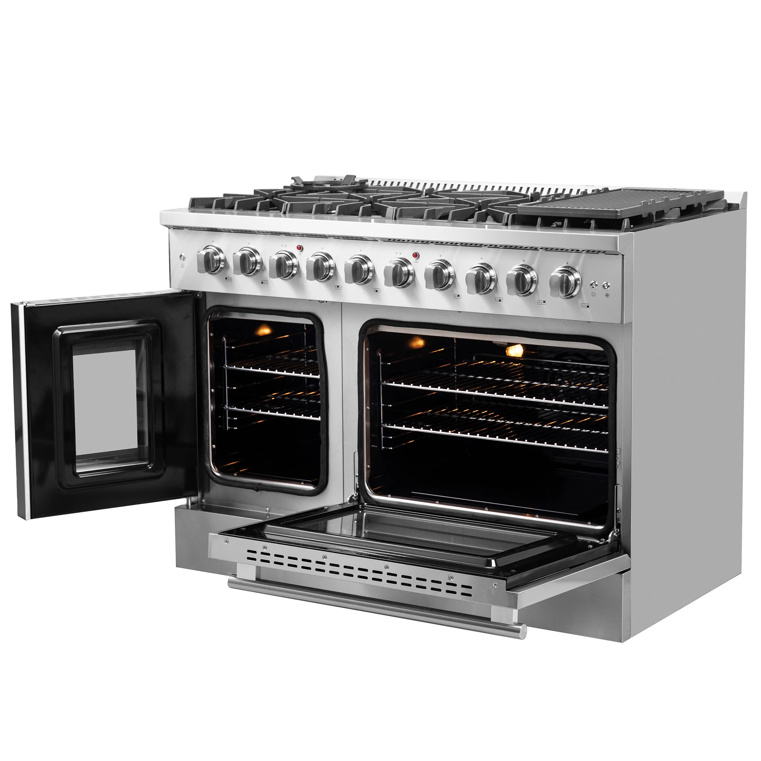 FORNO 5-Piece Stainless Steel Kitchen Bundle β Home Depot Exclusive β 48β French Door Gas Range, 48β Wall Mount Range Hood, 30β Microwave Drawer, 24β Built-In Dishwasher, 2Γ28β Convertible Refrigerator Freezer with Decorative Trim | SKU: FBDL-THD-004 - Image 5