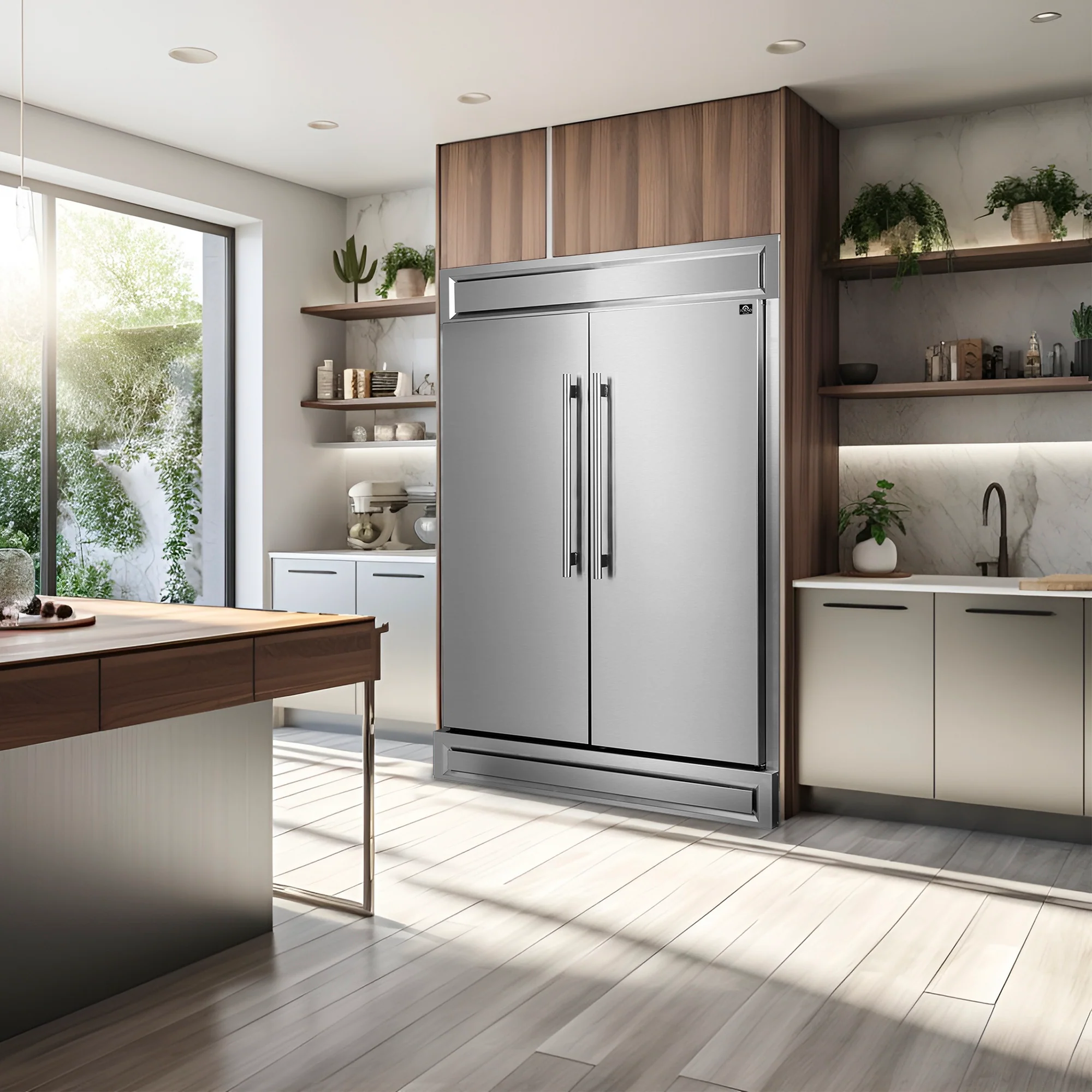 FORNO 5-Piece Stainless Steel Kitchen Bundle β Home Depot Exclusive β 48β French Door Gas Range, 48β Wall Mount Range Hood, 30β Microwave Drawer, 24β Built-In Dishwasher, 2Γ28β Convertible Refrigerator Freezer with Decorative Trim | SKU: FBDL-THD-004 - Image 7