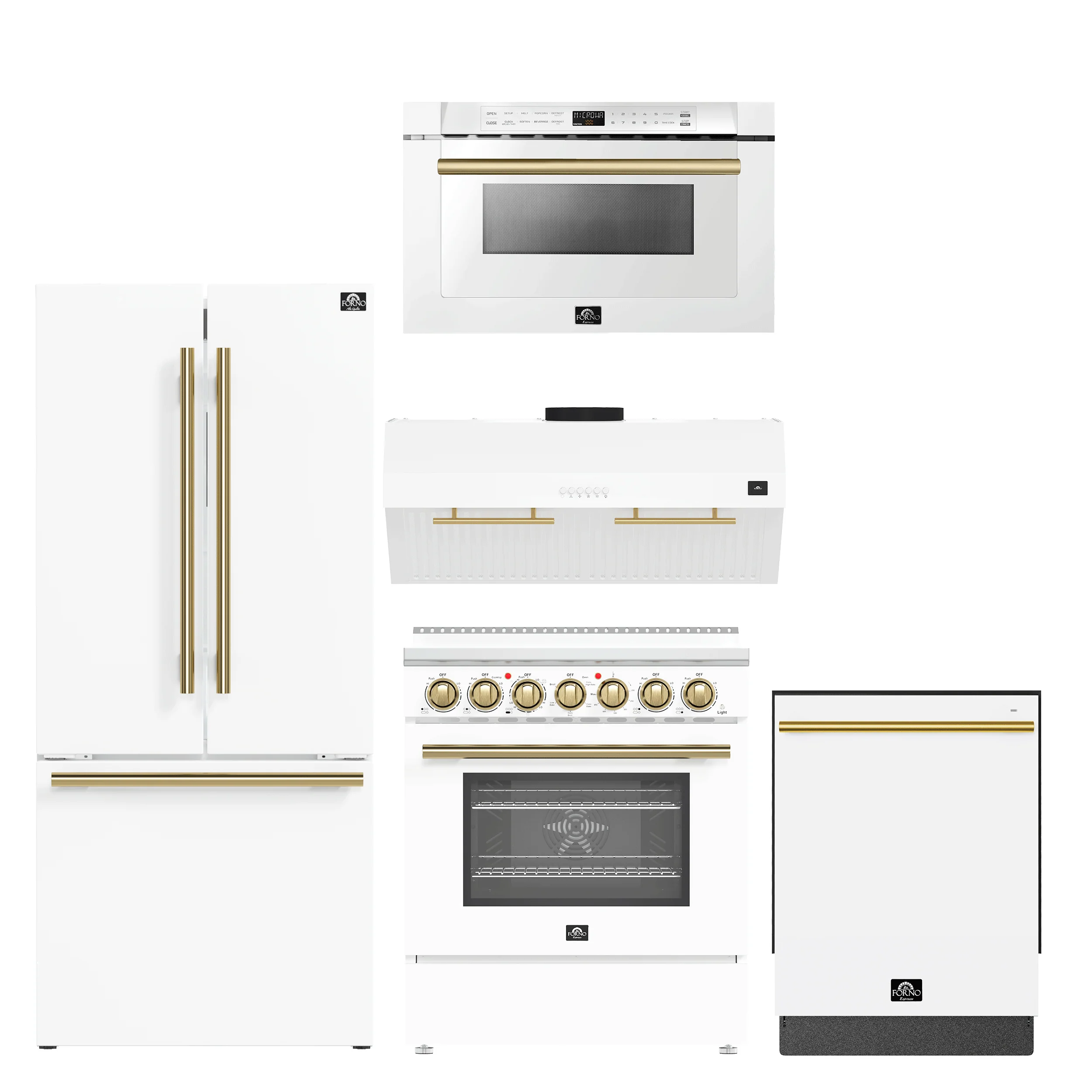 FORNO 5-Piece White Stainless Steel Kitchen Bundle β Home Depot Exclusive β 30β Electric Range, 30β French Door Refrigerator, 30β Range Hood, 24β Microwave Drawer, 24β Built-In Dishwasher | SKU: FBDL-THD-003WHT