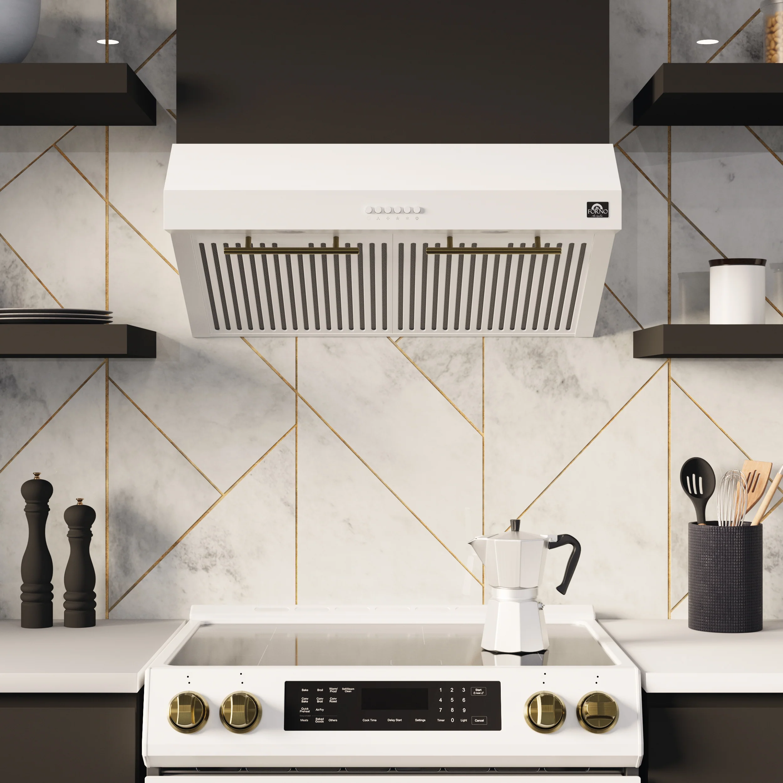FORNO Premium 4-Piece Kitchen Bundle - Leonardo Espresso 30" White Range, 30" White Range Hood, 31" White Bottom Freezer Refrigerator, 24" White Built-In Dishwasher - FBDL-006-03CA - Image 3