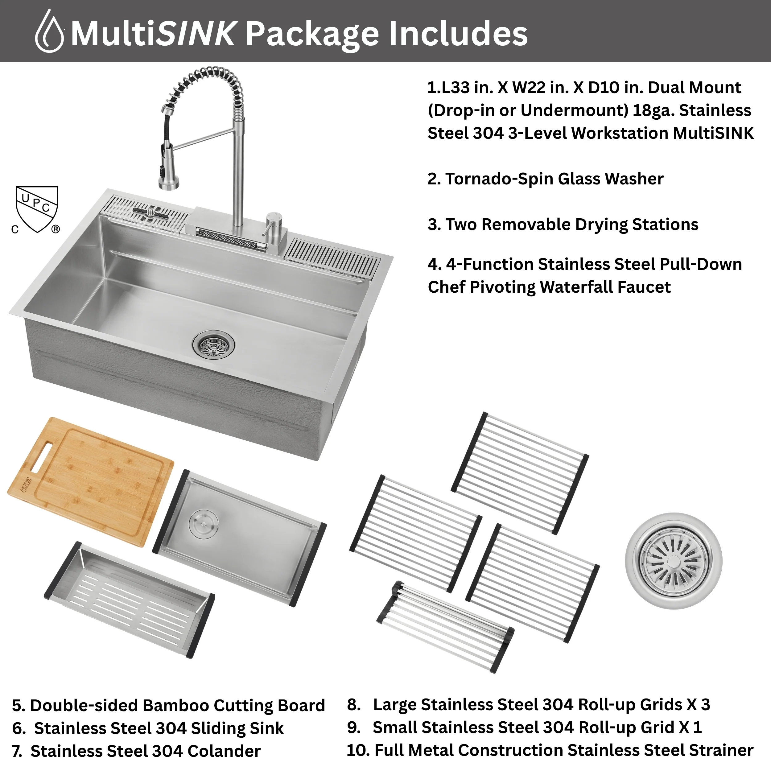 FORNO ACQUA 33 in. Drop-In/Undermount 3-Level MultiSINK Workstation Sink with Waterfall Faucet & Glass Rinser - Image 14