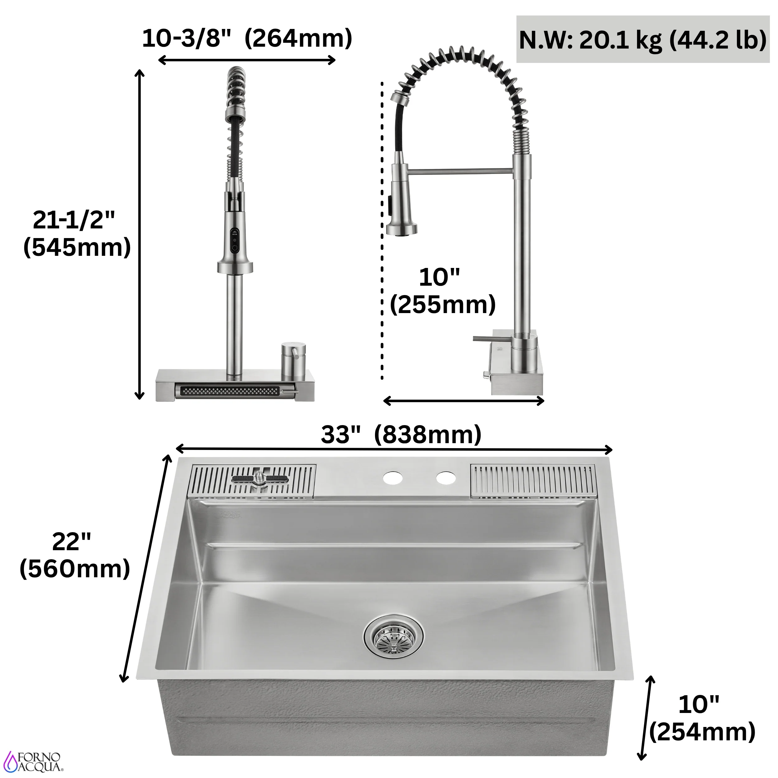 FORNO ACQUA 33 in. Drop-In/Undermount 3-Level MultiSINK Workstation Sink with Waterfall Faucet & Glass Rinser - Image 15