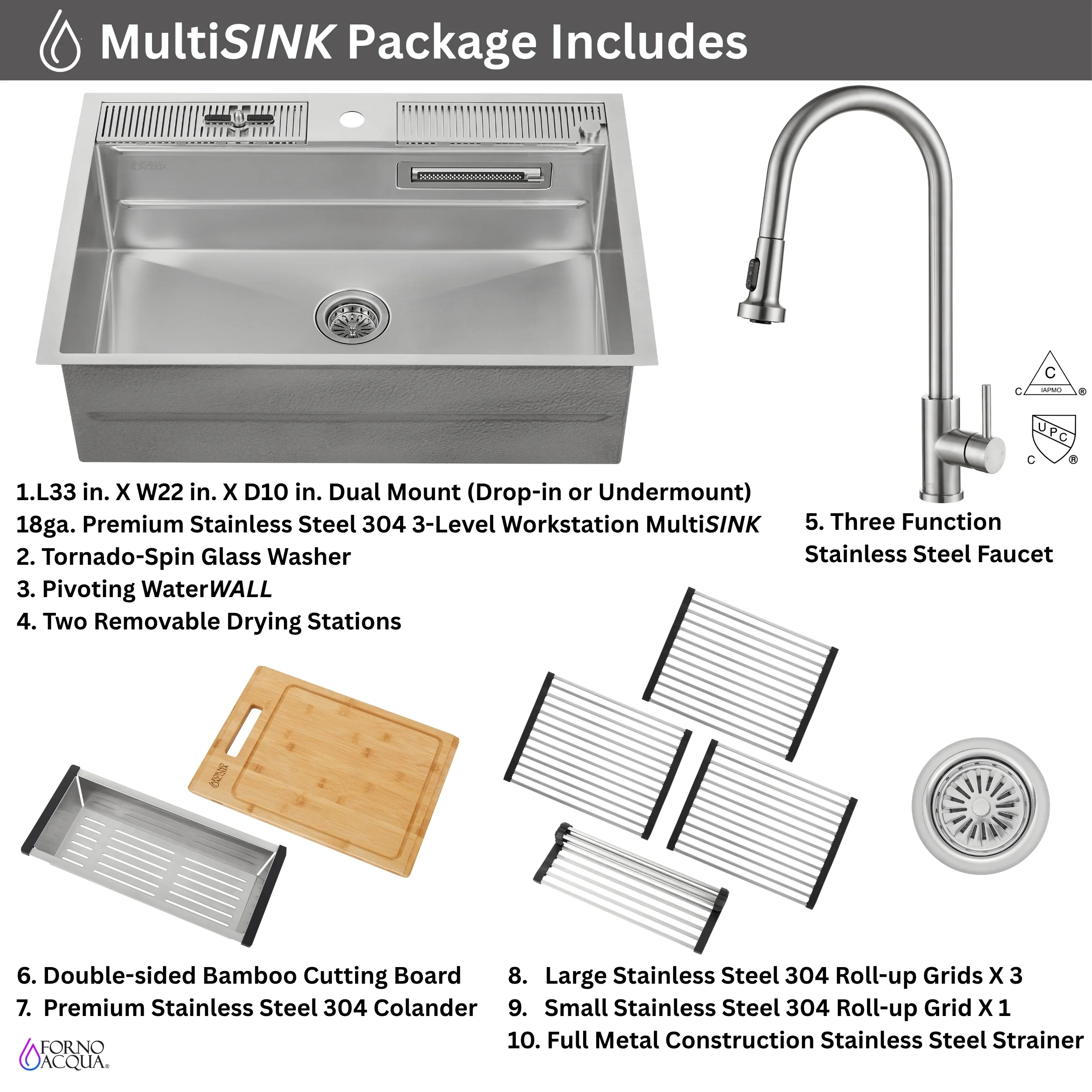 FORNO ACQUA 33 in. Drop-In/Undermount 3-Level Workstation Sink with Faucet, Waterfall & Glass Rinser - Image 14