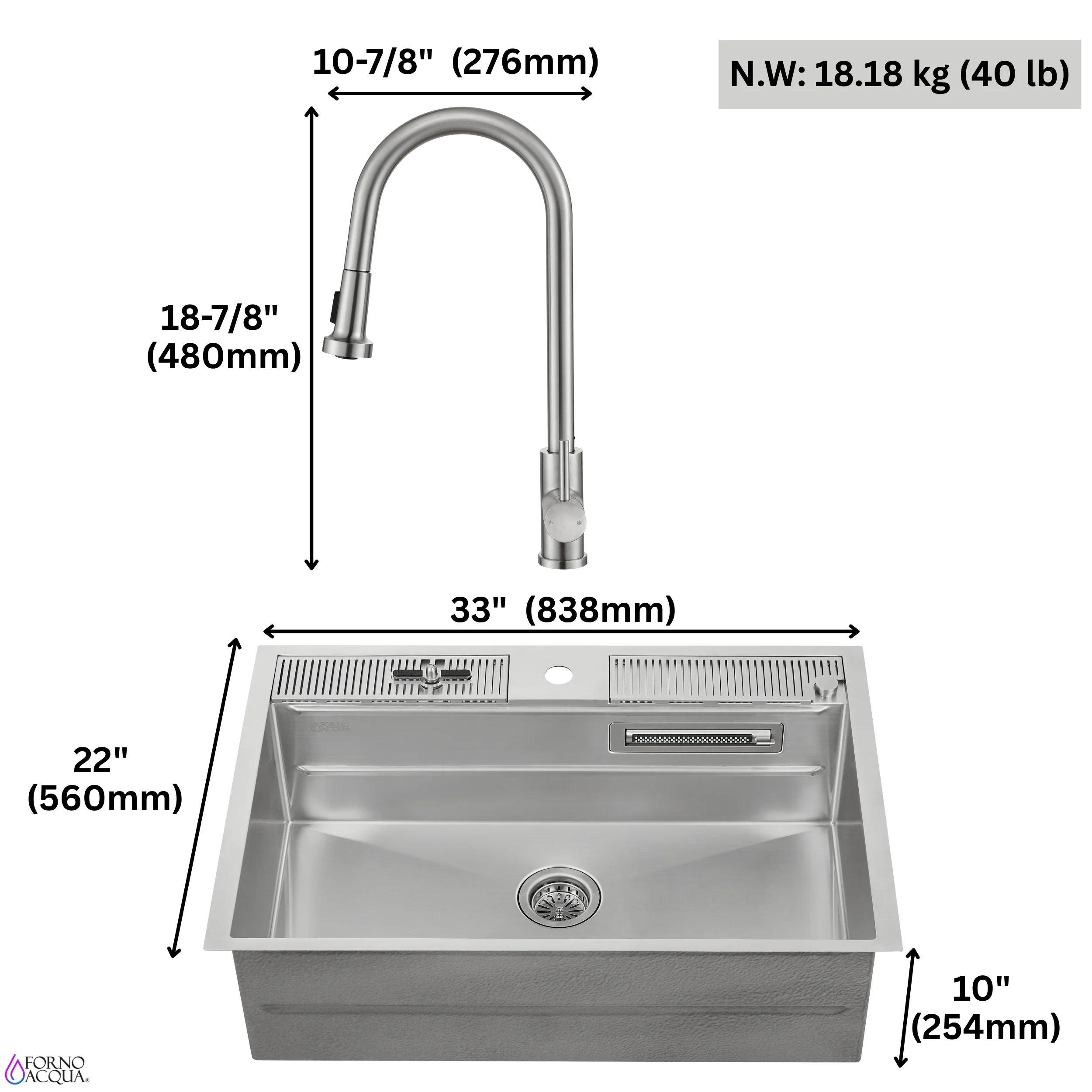 FORNO ACQUA 33 in. Drop-In/Undermount 3-Level Workstation Sink with Faucet, Waterfall & Glass Rinser - Image 15