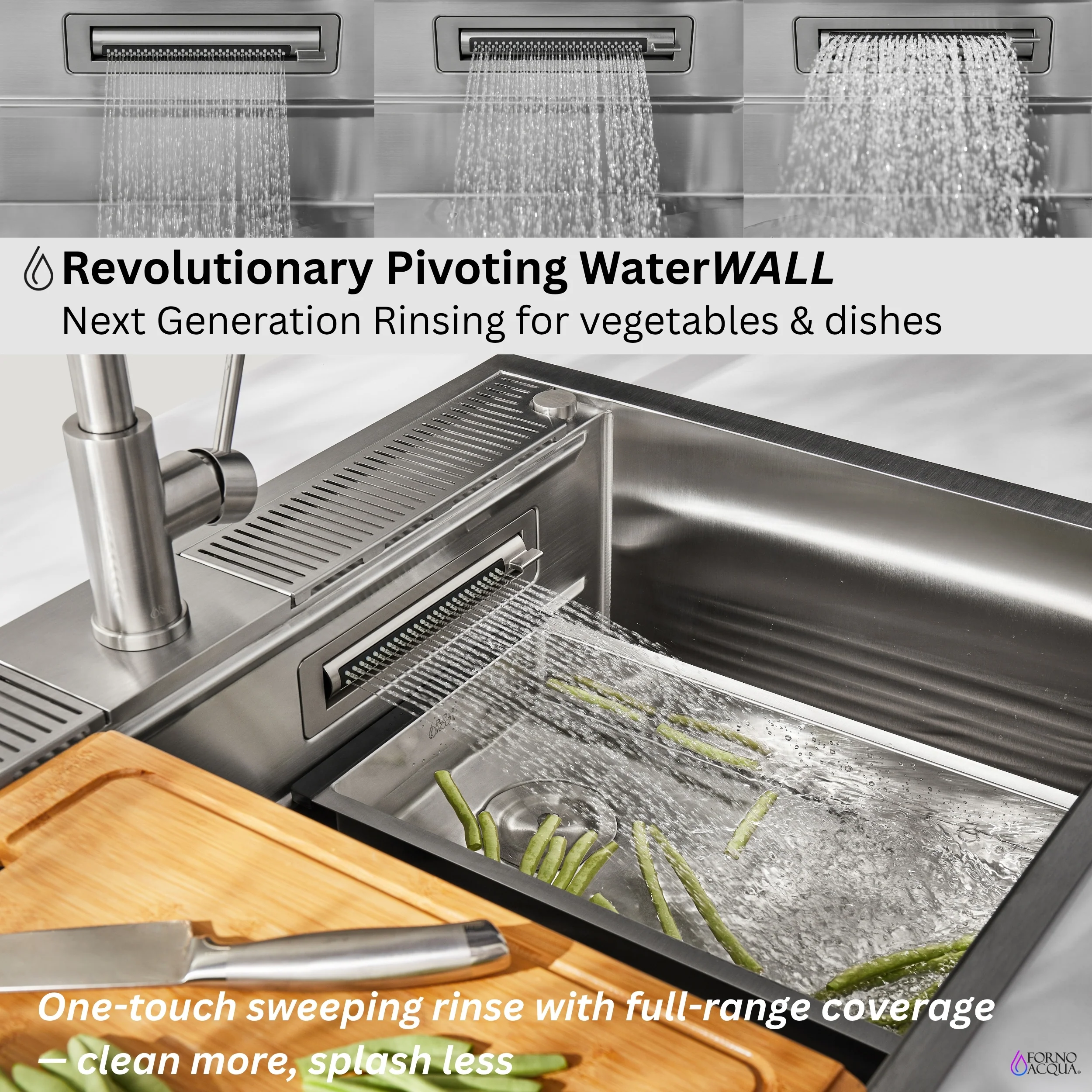 FORNO ACQUA 33 in. Drop-In/Undermount 3-Level Workstation Sink with Faucet, Waterfall & Glass Rinser - Image 4