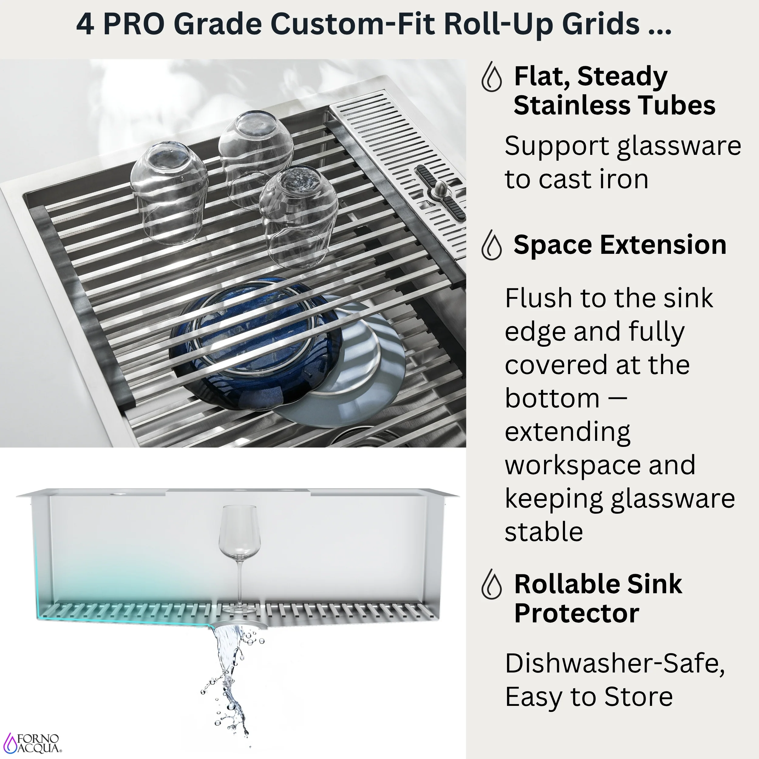 FORNO ACQUA 33 in. Drop-In/Undermount 3 Level Workstation Sink with Faucet, Waterfall & Glass Rinser - Image 10