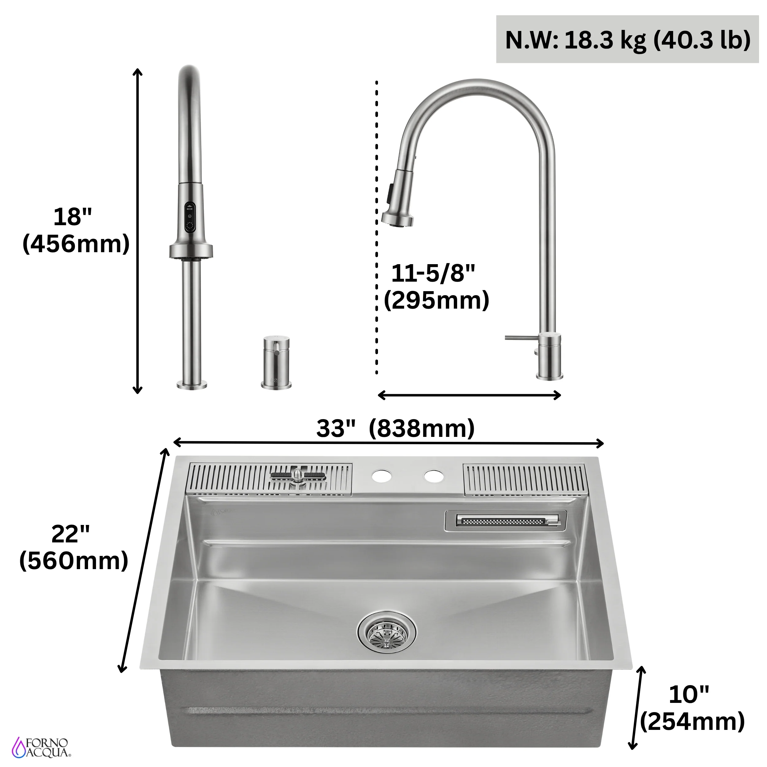FORNO ACQUA 33 in. Drop-In/Undermount 3 Level Workstation Sink with Faucet, Waterfall & Glass Rinser - Image 15