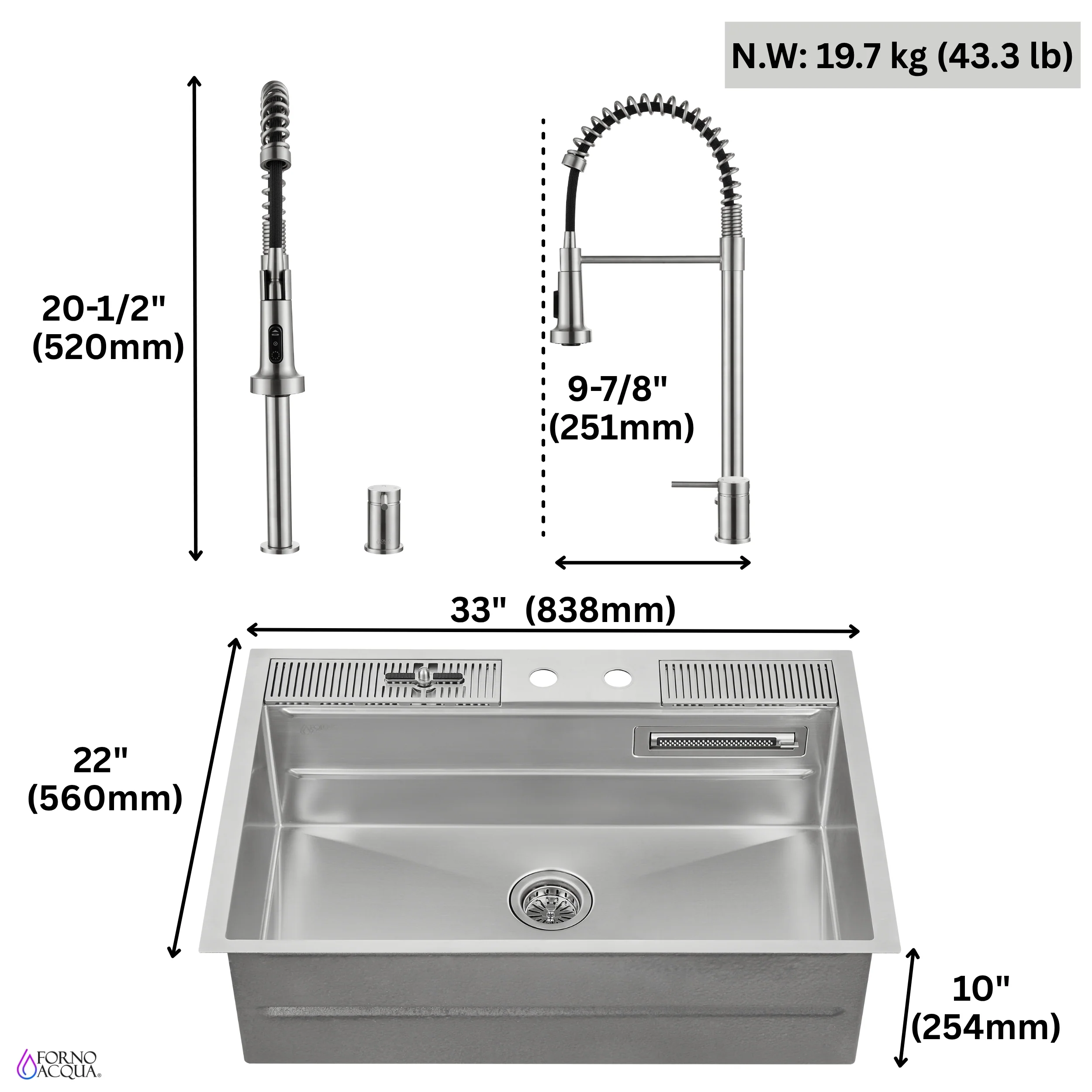 FORNO ACQUA 33 in. Drop-In/Undermount 3-Level Workstation Sink with Faucet, Waterfall & Glass Rinser - Image 15