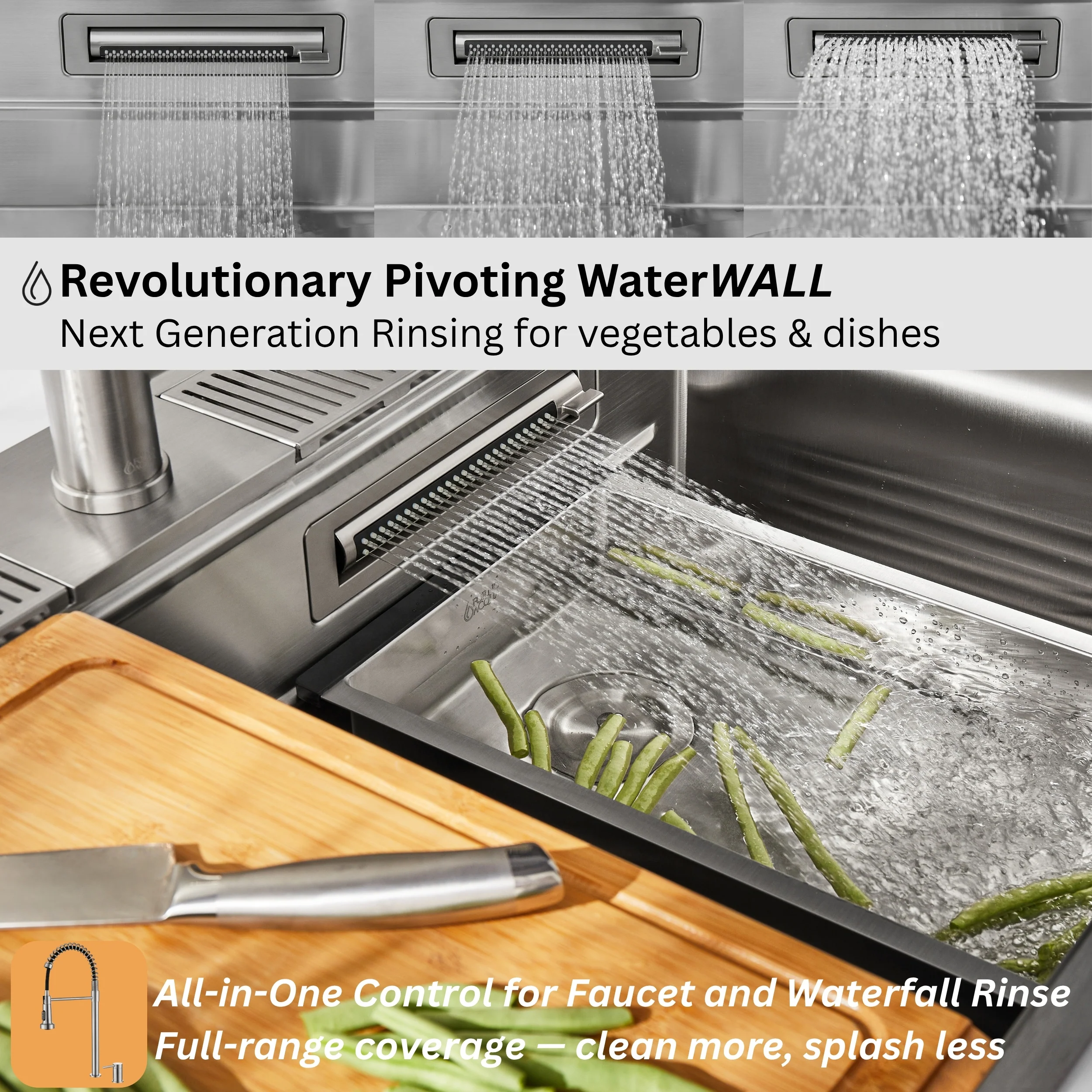FORNO ACQUA 33 in. Drop-In/Undermount 3-Level Workstation Sink with Faucet, Waterfall & Glass Rinser - Image 3
