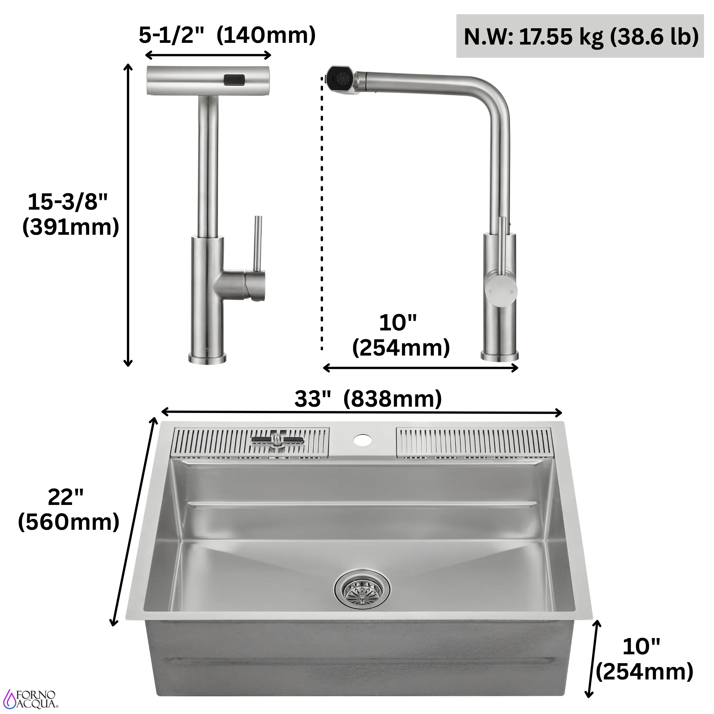 FORNO ACQUA 33 in. Drop-In/Undermount 3-Level Workstation Sink with Waterfall Faucet & Glass Rinser - Image 16