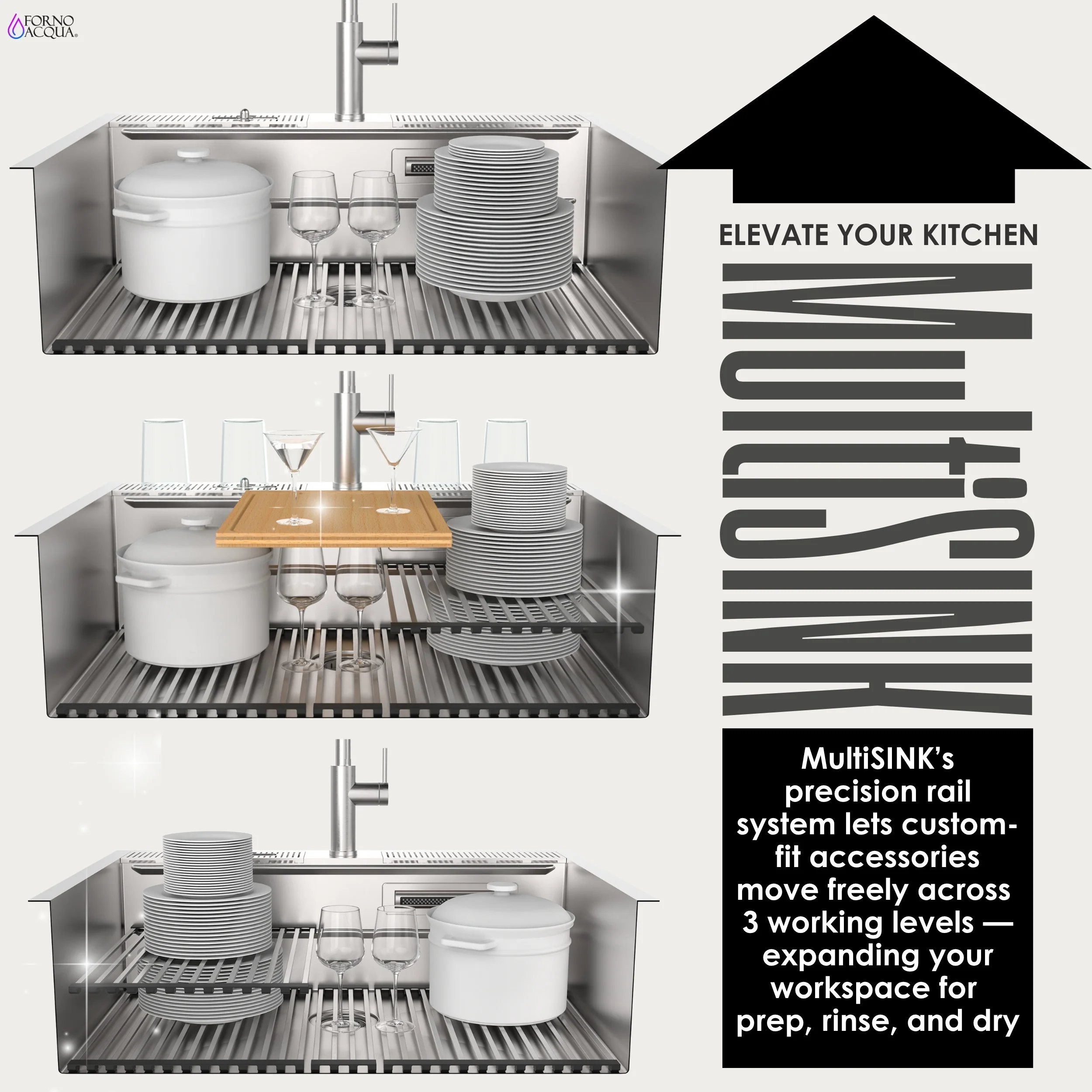 FORNO ACQUA 33 in. Drop-In/Undermount MultiSINK Workstation Sink with Waterfall Faucet & Glass Rinser - Image 3