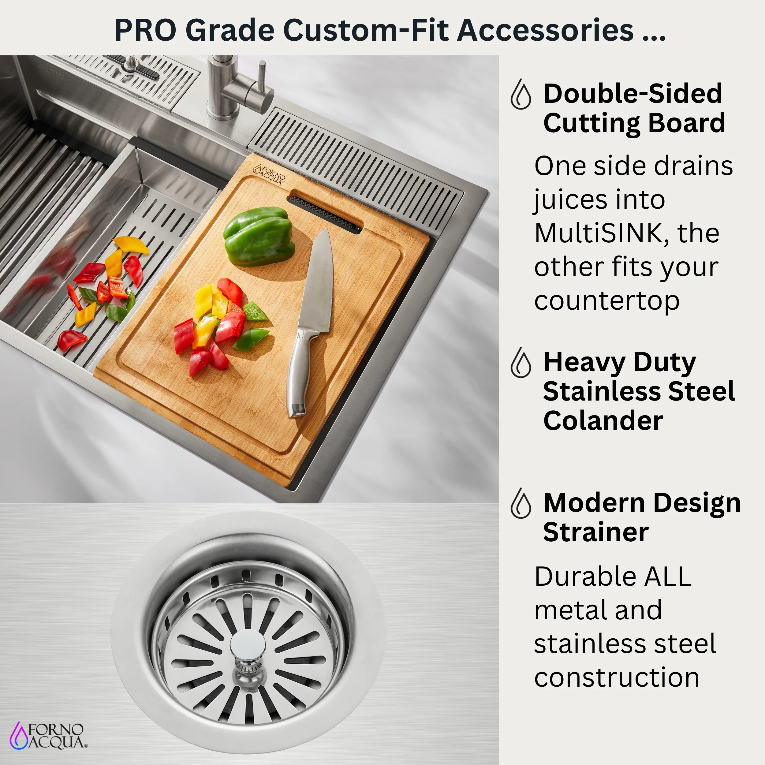 FORNO ACQUA 33 in. Drop-In/Undermount 3-Level Workstation Sink with Waterfall Faucet & Glass Rinser - Image 6