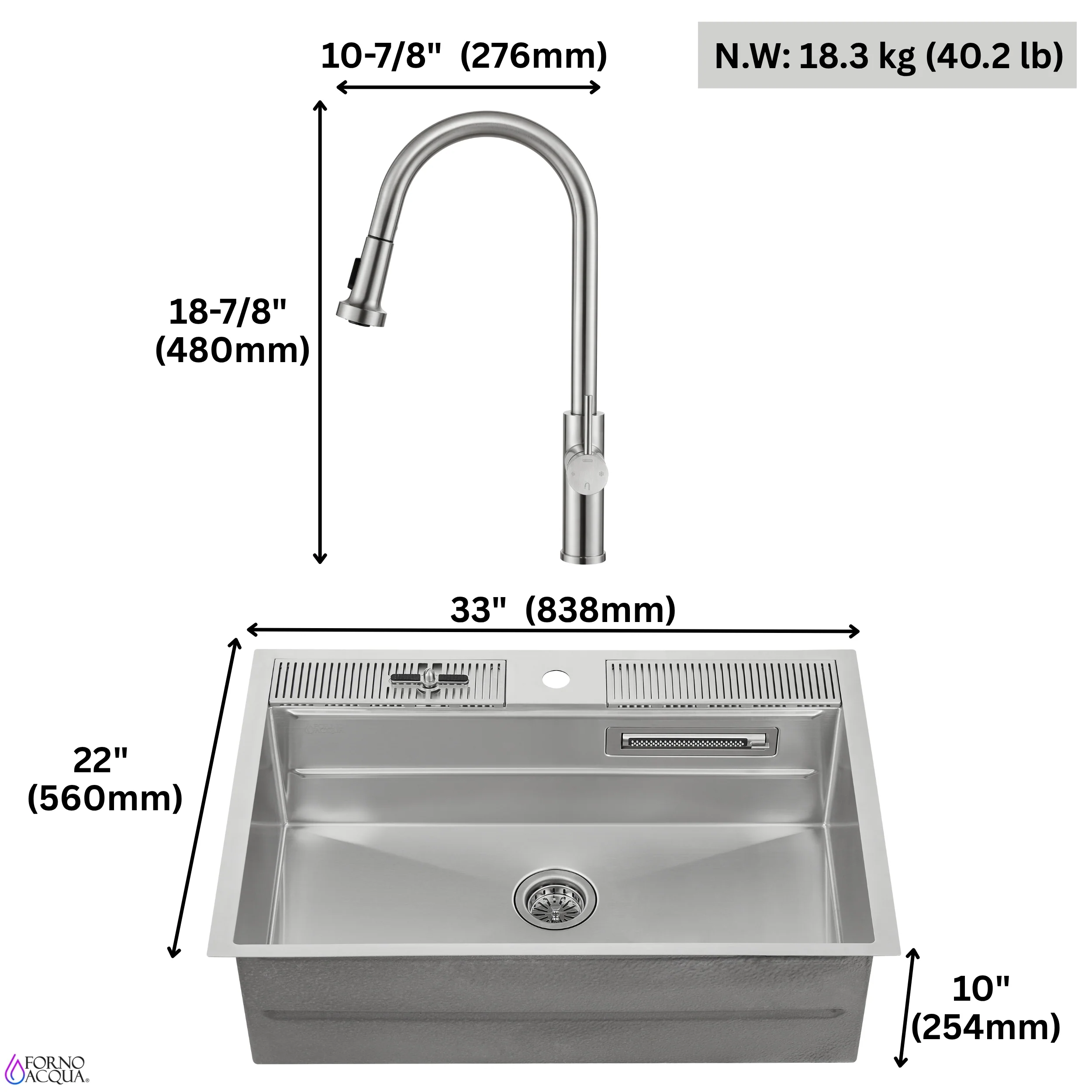 FORNO ACQUA 33 in. Drop-In/Undermount 3-Level Workstation with Retractable Faucet & Glass Rinser - Image 18