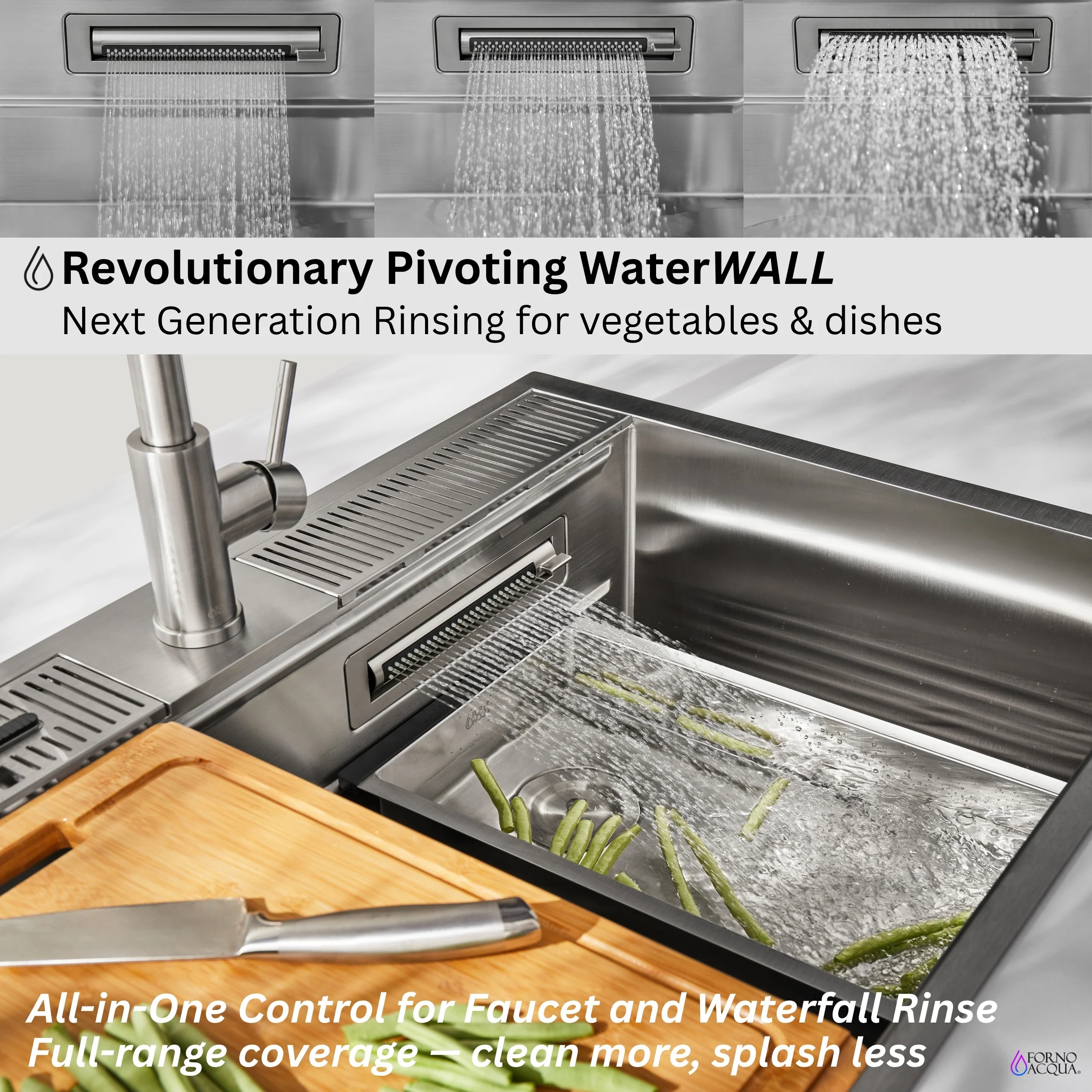 FORNO ACQUA 33 in. Drop-In/Undermount 3-Level Workstation with Retractable Faucet & Glass Rinser - Image 4