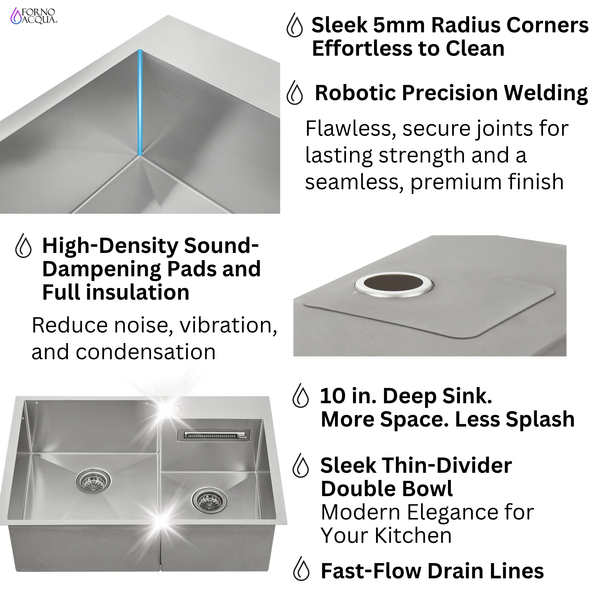 FORNO ACQUA 33 in. Drop-In/Undermount 40/60 Double Bowl Sink with Retractable Faucet & Waterfall - Image 10