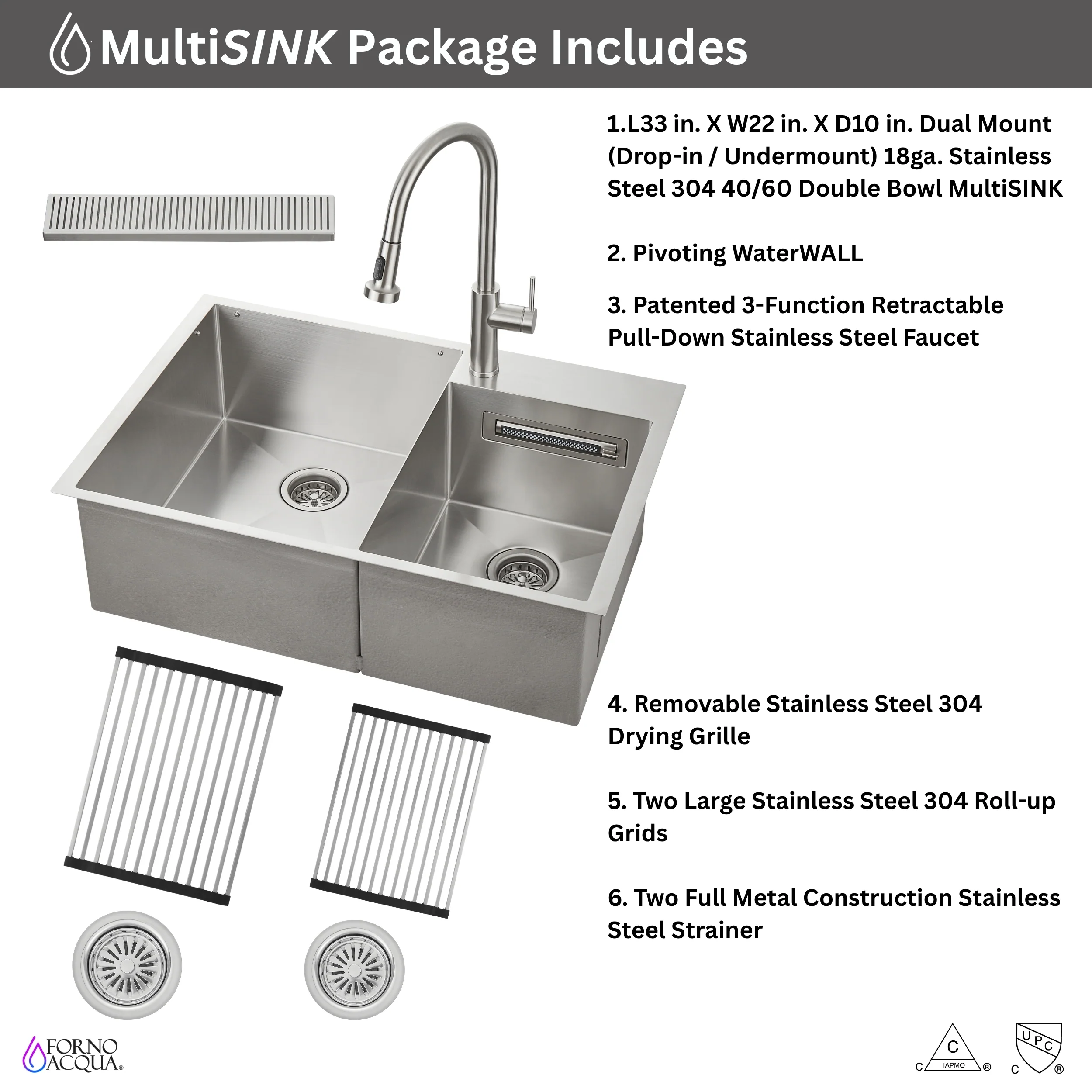 FORNO ACQUA 33 in. Drop-In/Undermount 40/60 Double Bowl Sink with Retractable Faucet & Waterfall - Image 11