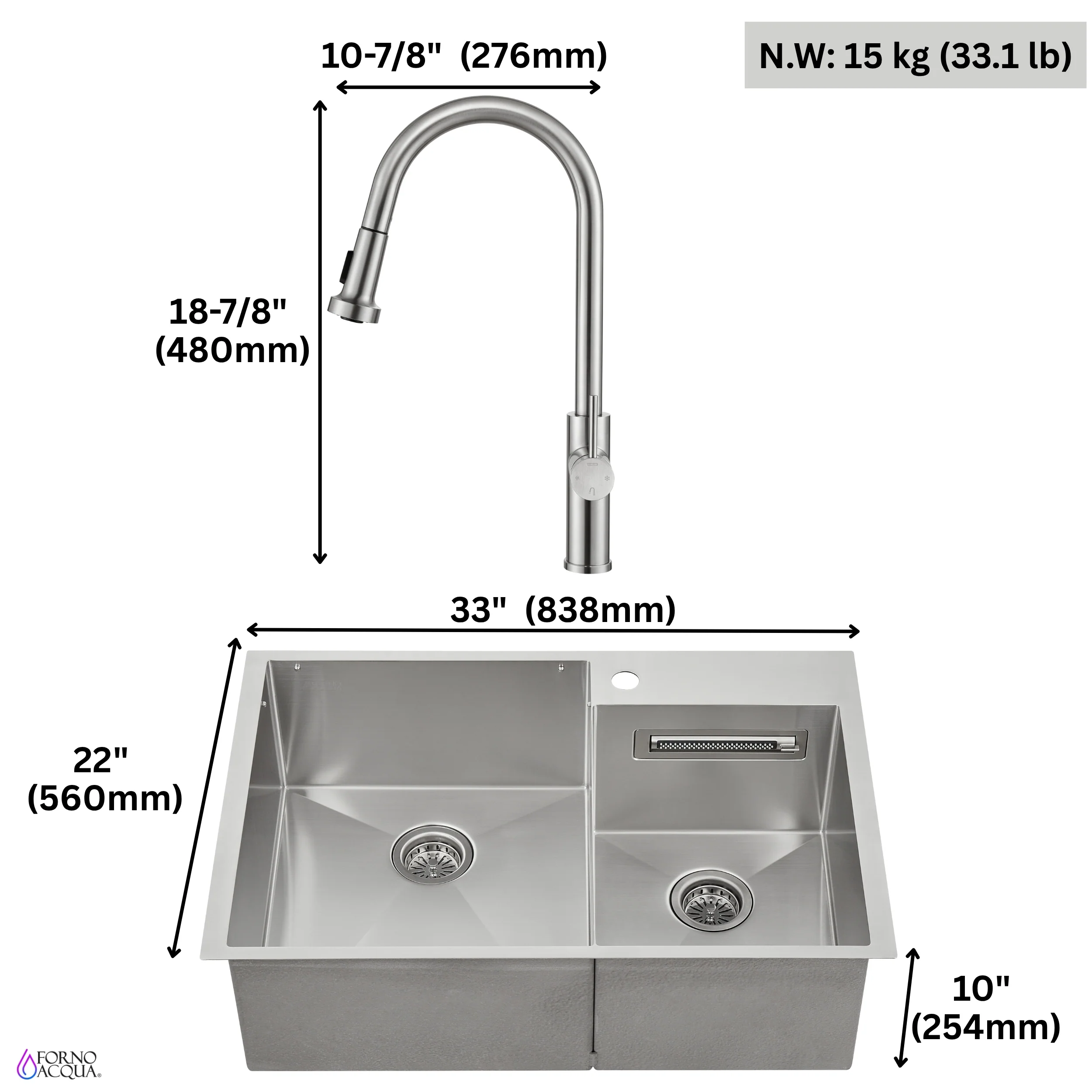 FORNO ACQUA 33 in. Drop-In/Undermount 40/60 Double Bowl Sink with Retractable Faucet & Waterfall - Image 12