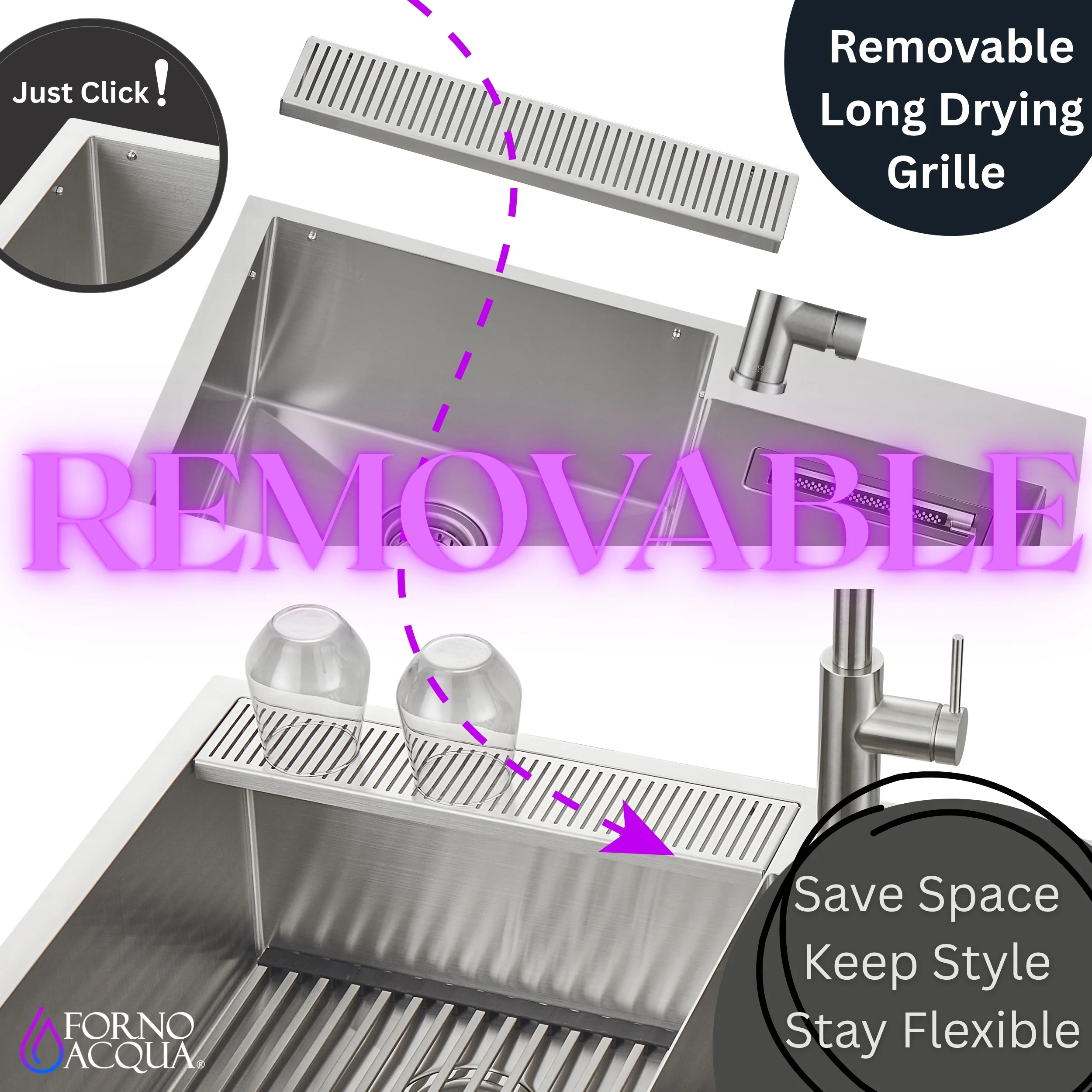 FORNO ACQUA 33 in. Drop-In/Undermount 40/60 Double Bowl Sink with Retractable Faucet & Waterfall - Image 6