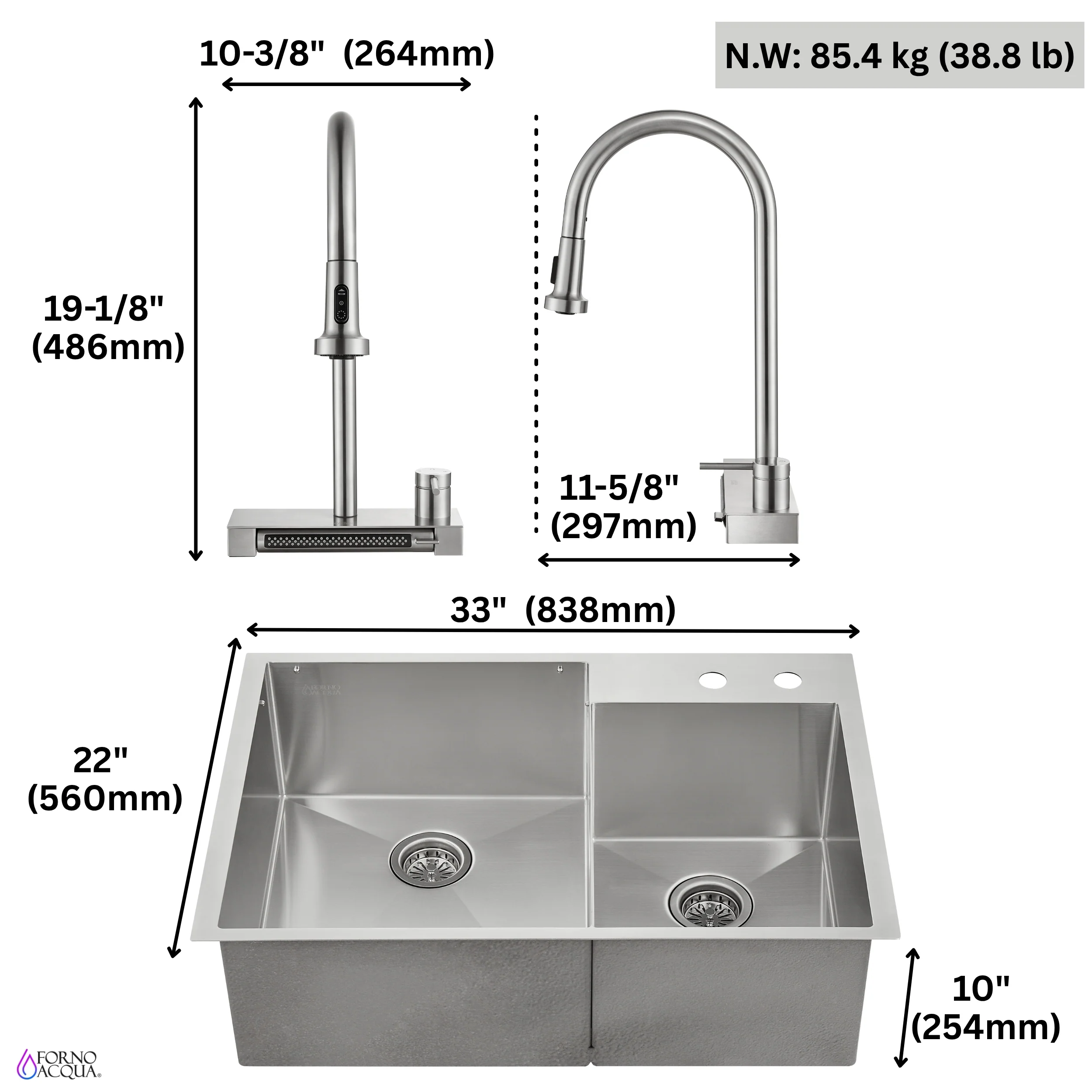 FORNO ACQUA 33 in. Drop-In/Undermount 40/60 Double Bowl Stainless Steel Sink with Waterfall Faucet - Image 10