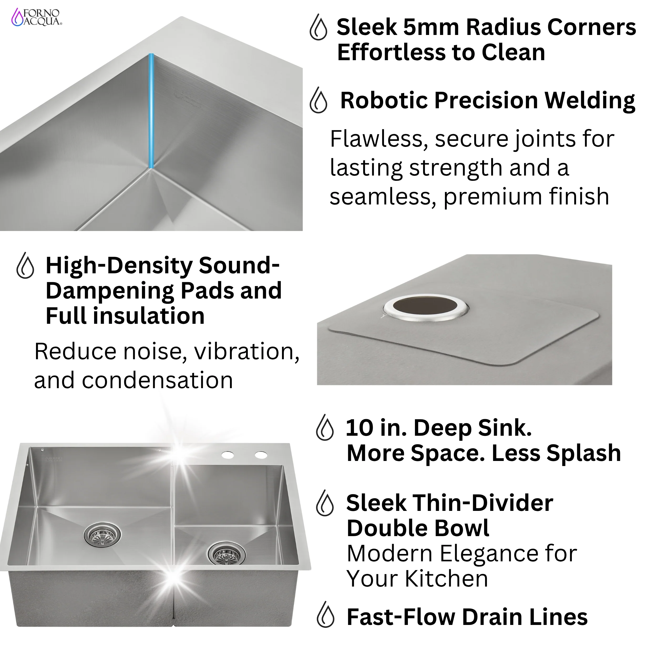 FORNO ACQUA 33 in. Drop-In/Undermount 40/60 Double Bowl Stainless Steel Sink with Waterfall Faucet - Image 7