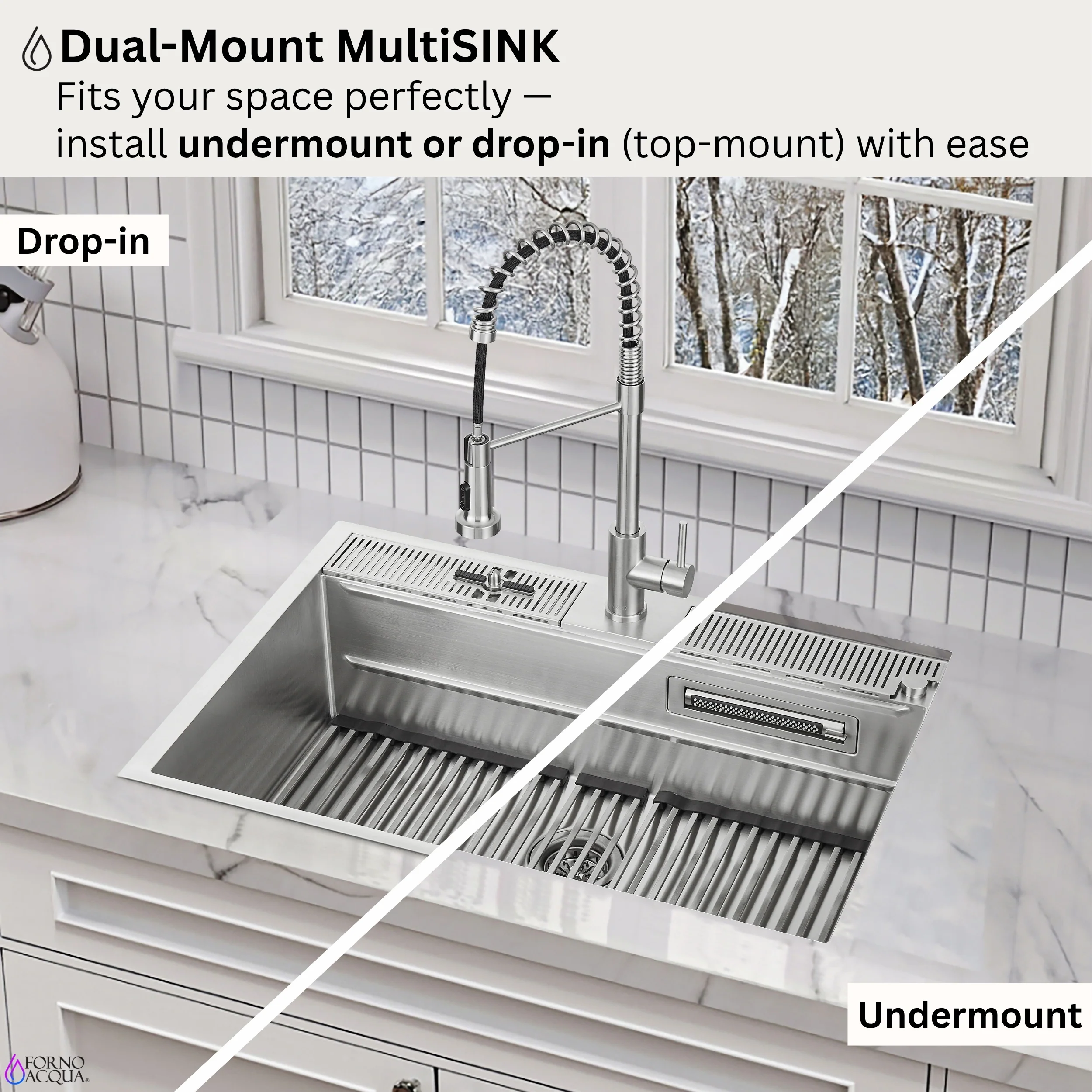 FORNO ACQUA 33 in. Drop-In/Undermount 40/60 Double Bowl Sink with Retractable Faucet & Waterfall - Image 8