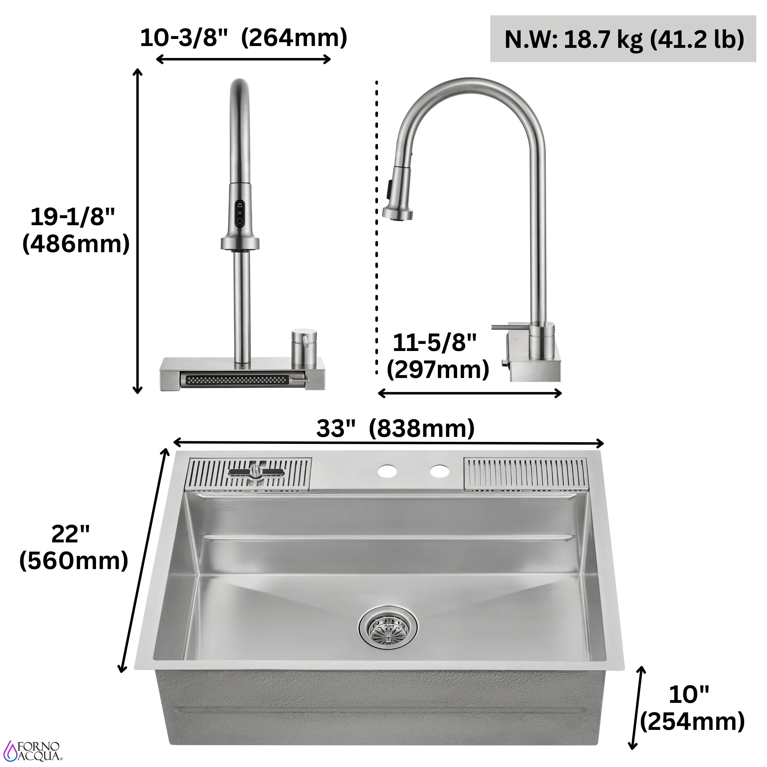 FORNO ACQUA 33 in. Drop-In/Undermount MultiSINK Workstation Sink with Waterfall Faucet & Glass Rinser - Image 15