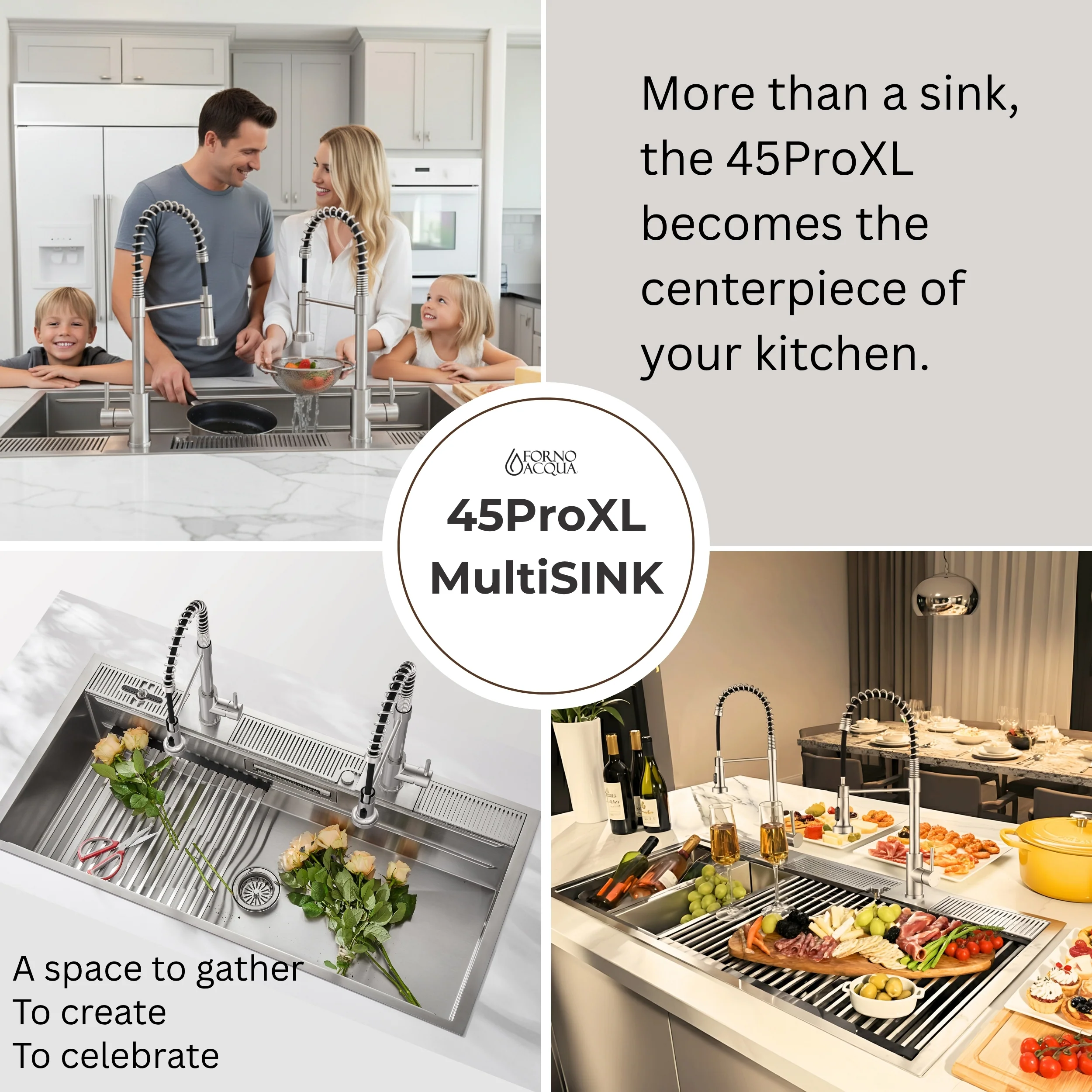 FORNO ACQUA 45 in. Drop-In/Undermount 3-Level Workstation Sink with Two Faucets & Glass Rinser - Image 12