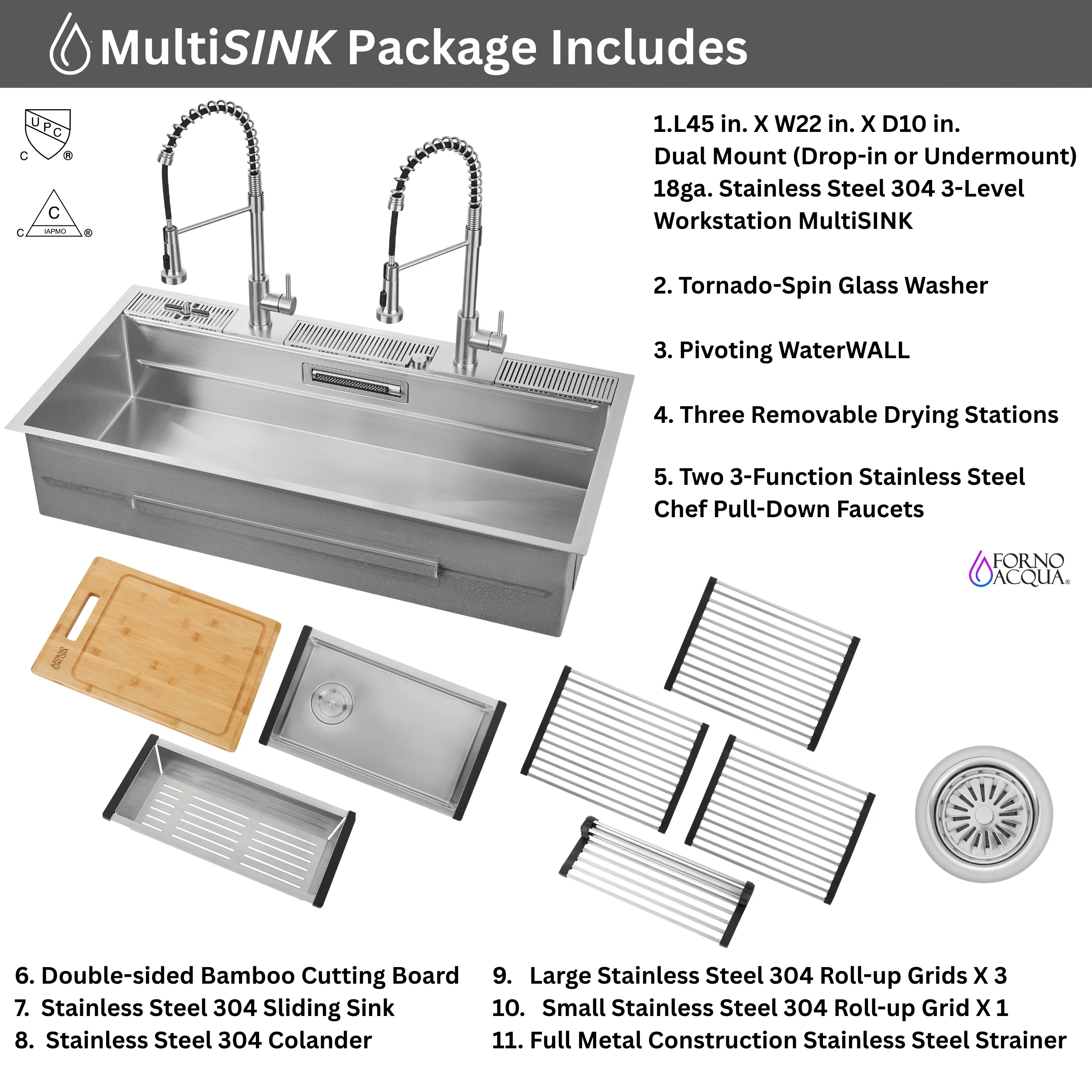 FORNO ACQUA 45 in. Drop-In/Undermount 3-Level Workstation Sink with Two Faucets & Glass Rinser - Image 16