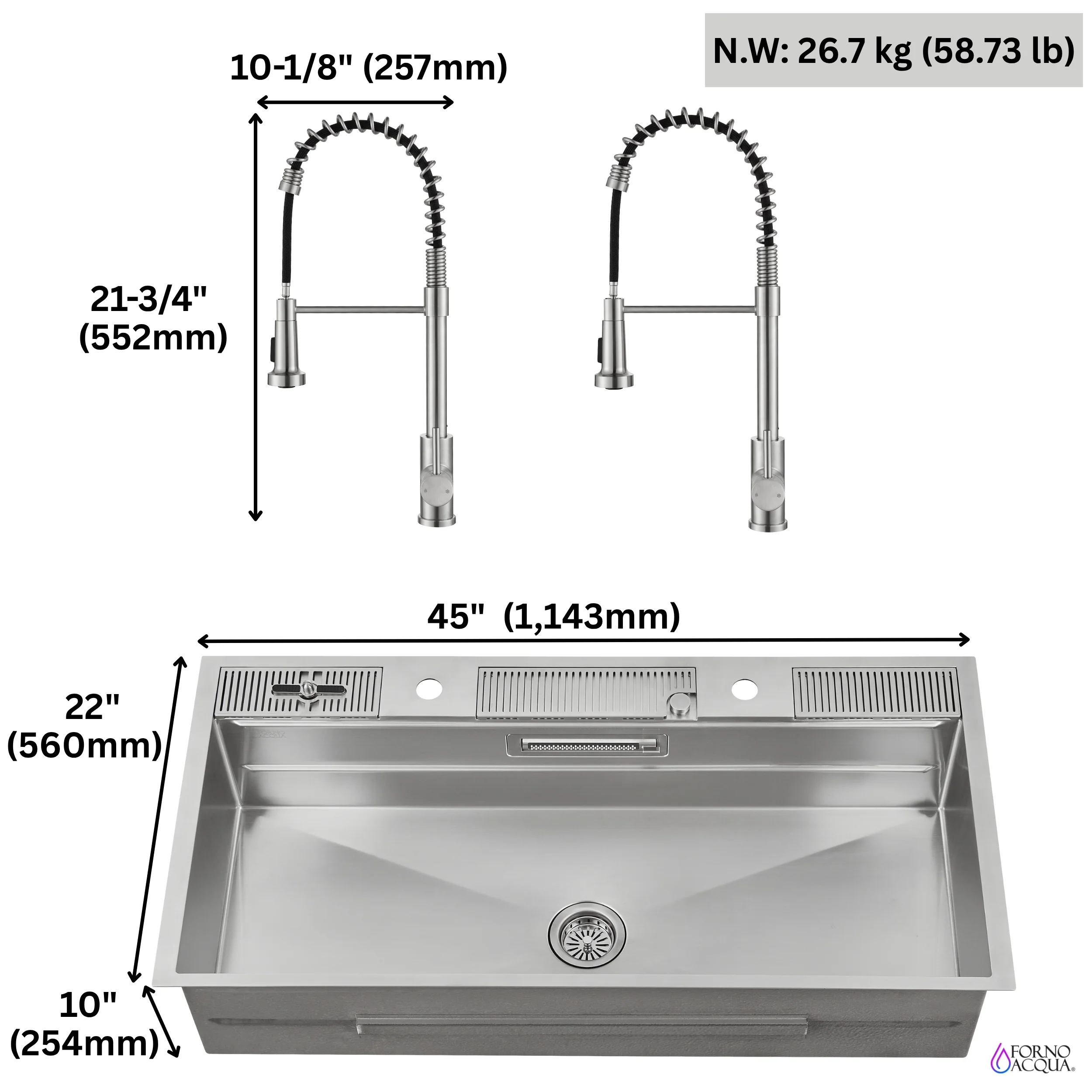 FORNO ACQUA 45 in. Drop-In/Undermount 3-Level Workstation Sink with Two Faucets & Glass Rinser - Image 17