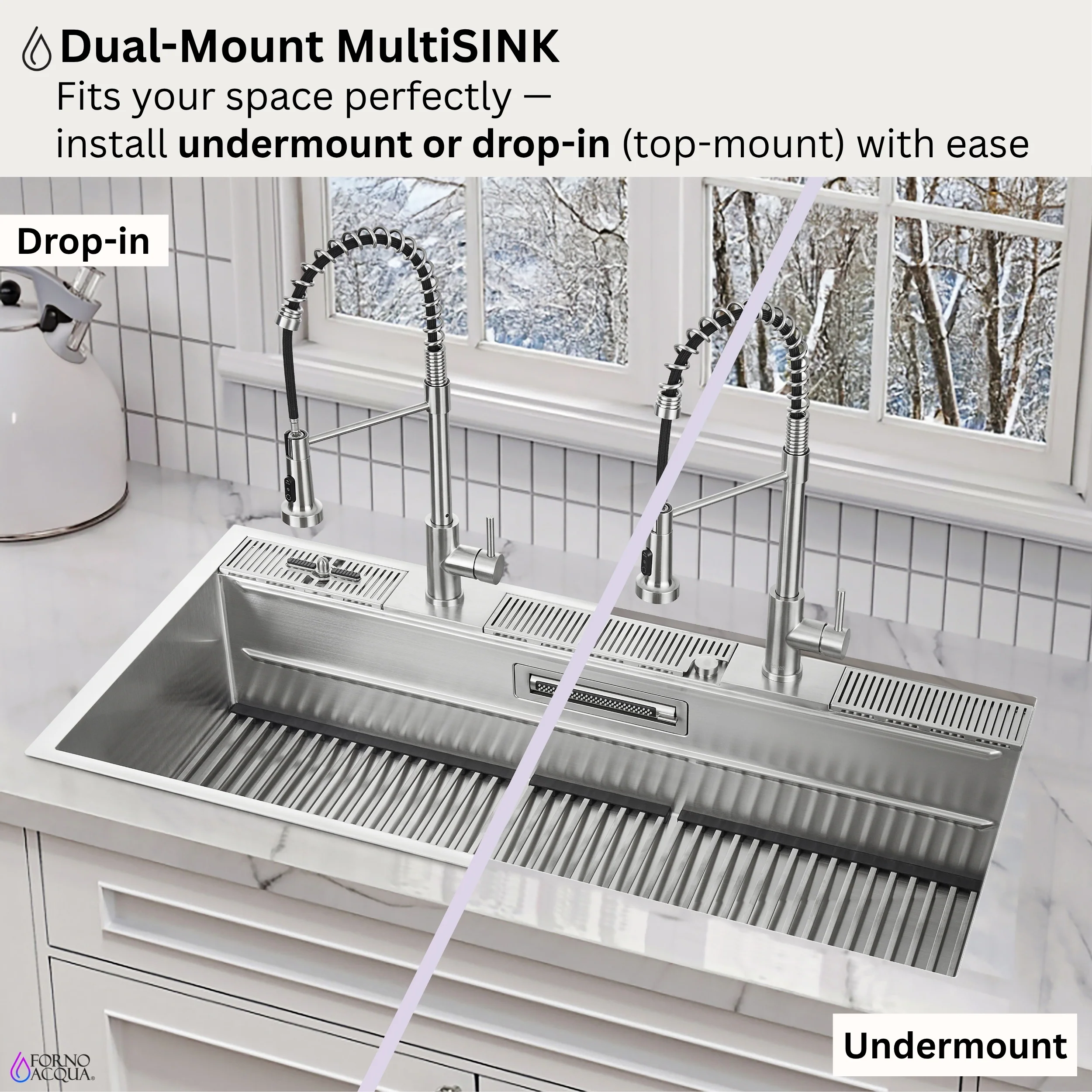 FORNO ACQUA 45 in. Drop-In/Undermount 3-Level Workstation Sink with Two Faucets & Glass Rinser - Image 14