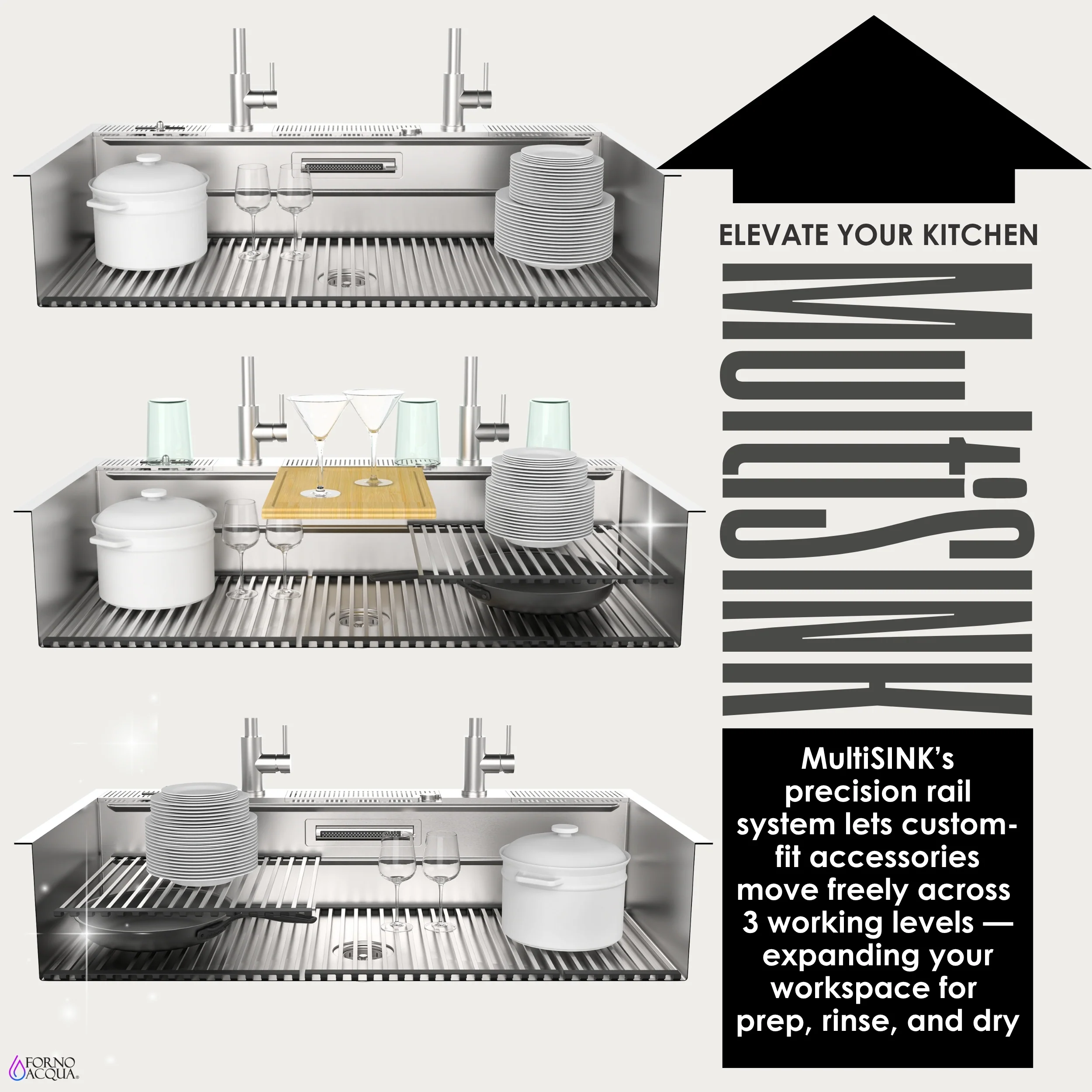 FORNO ACQUA 45 in. Drop-In/Undermount 3-Level Workstation Sink with Two Faucets & Glass Rinser - Image 3