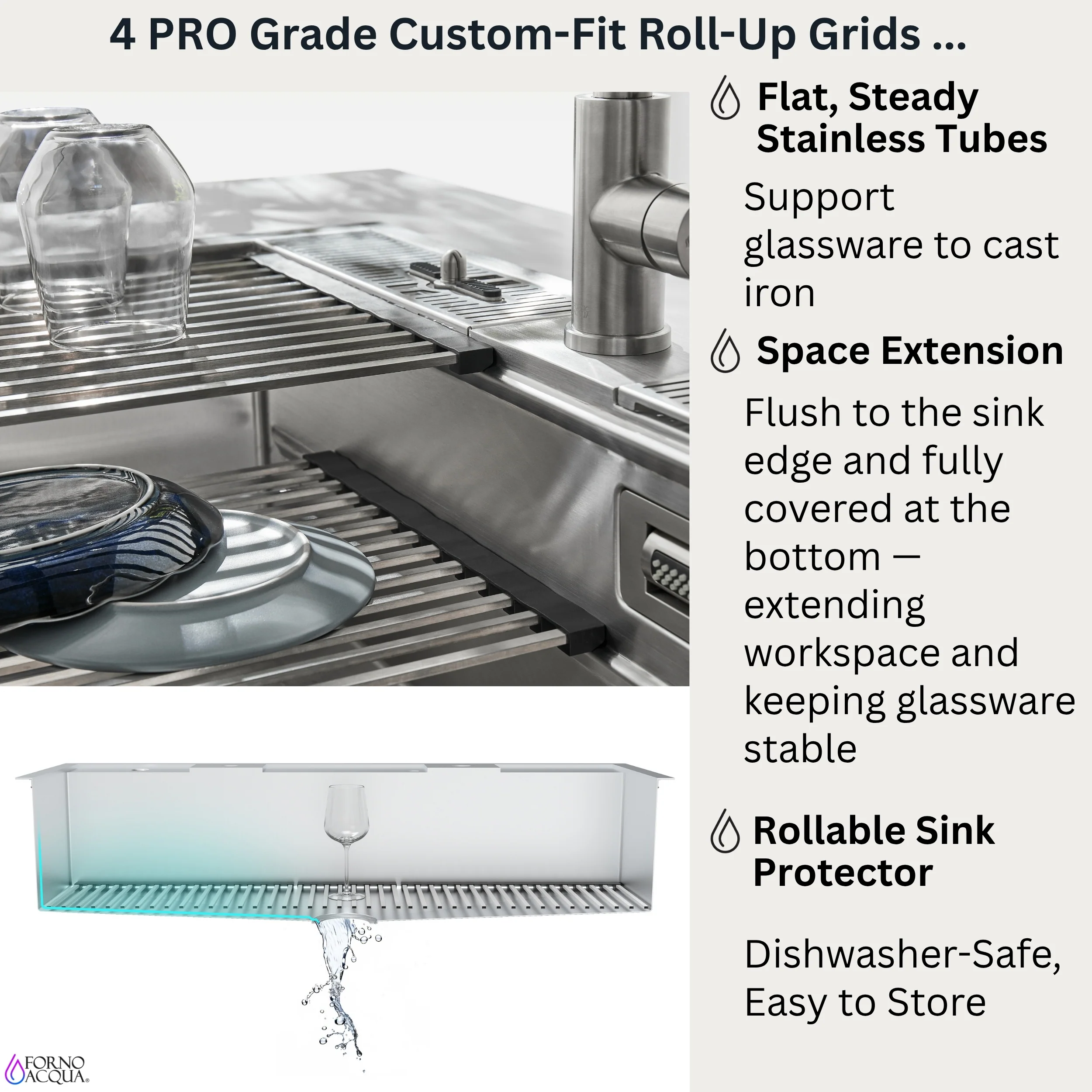 FORNO ACQUA 45 in. Drop-In/Undermount 3-Level Workstation Sink with Two Faucets & Glass Rinser - Image 9