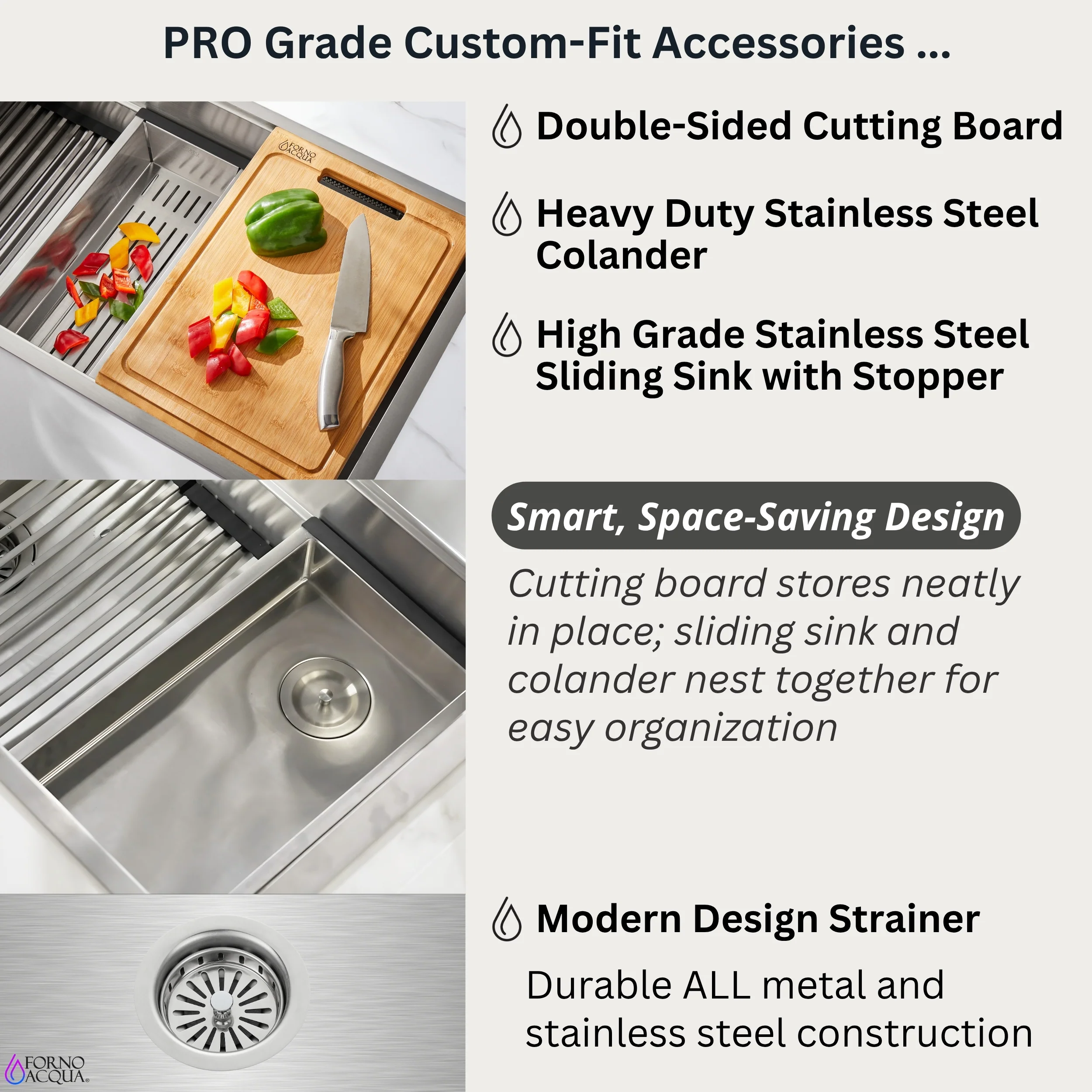 FORNO ACQUA 45 in. Undermount 3-Level Workstation MultiSINK with Custom-Fit Accessories - Image 4