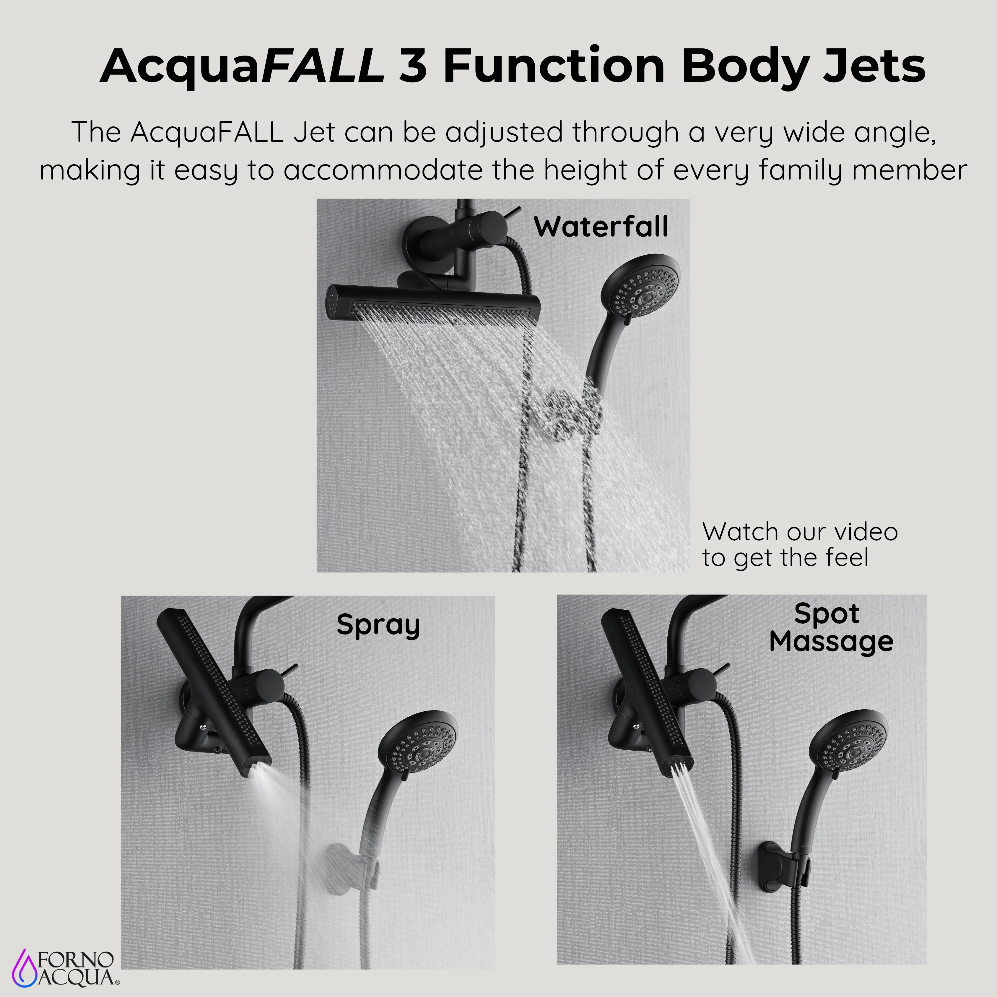 Forno Acqua AcquaFALL Mini 8 Inch Shower Head, Matte Black Finish, Overhead Rainfall Shower, Handheld Shower Head, Body Jets, 2.5 GPM Flow Rate - Image 9