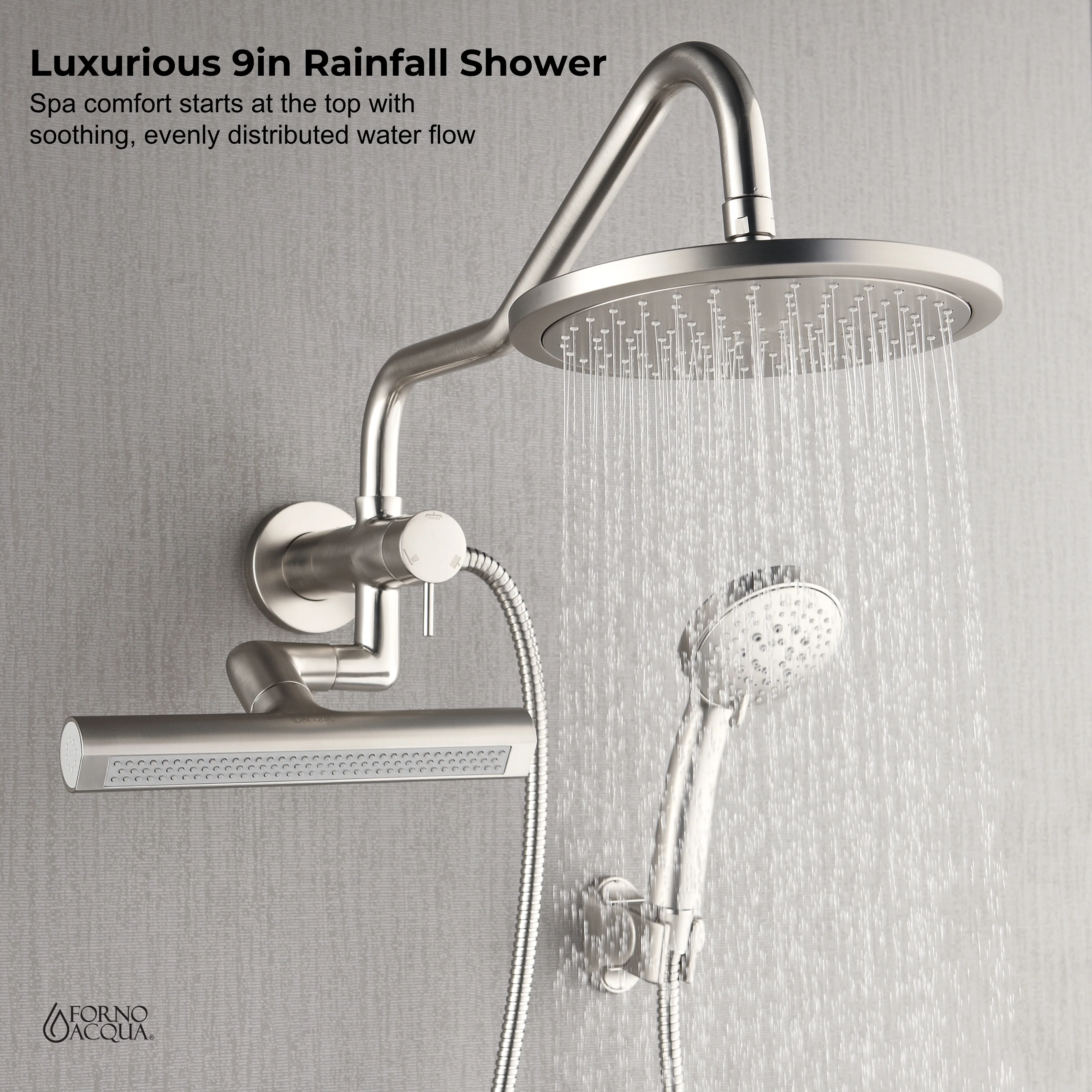 Forno Acqua AcquaFALL Mini Shower Head, Brushed Nickel Finish, Overhead Rainfall Shower, 7 Way Diverter, Handheld Shower Head, Body Jets, 2.5 GPM Flow Rate - Image 3