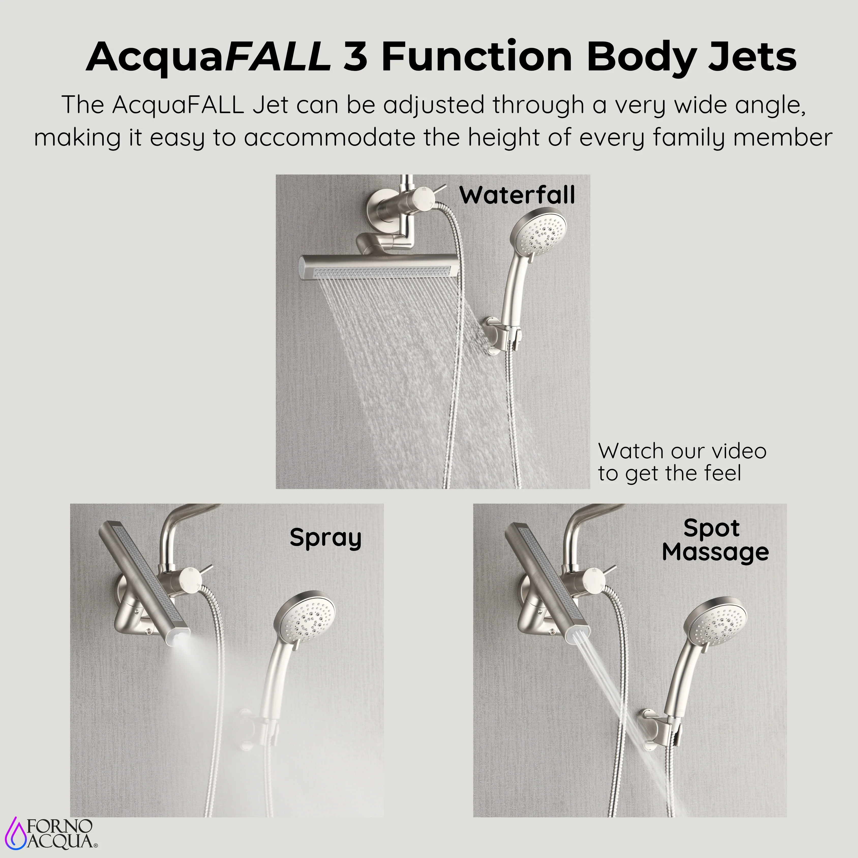 Forno Acqua AcquaFALL Mini Shower Head, Brushed Nickel Finish, Overhead Rainfall Shower, 7 Way Diverter, Handheld Shower Head, Body Jets, 2.5 GPM Flow Rate - Image 7
