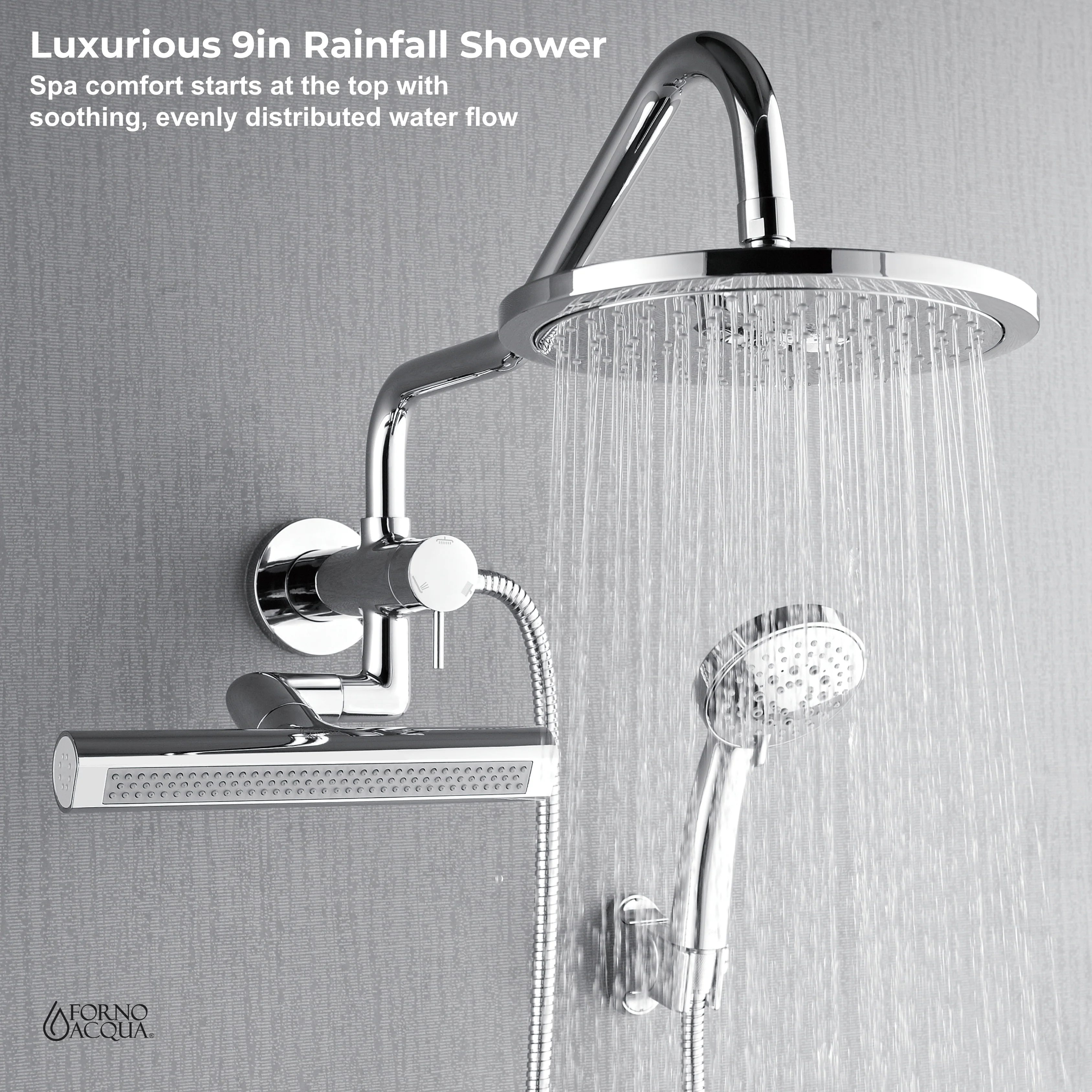 Forno Acqua AcquaFALL Mini Shower Head, Polished Stainless Steel Finish, Overhead Rainfall Shower, 7 Way Diverter, Handheld Shower Head, Body Jets, 1.8 GPM Flow Rate - Image 2