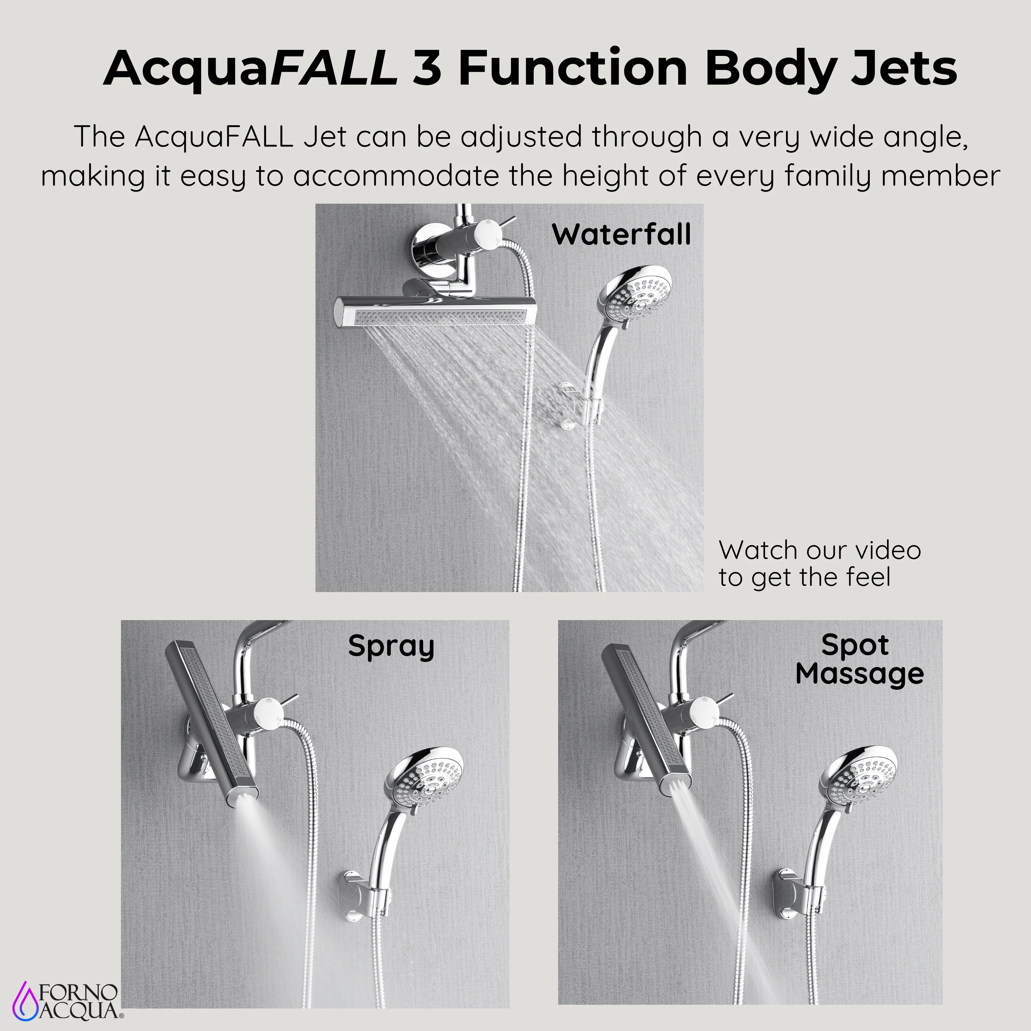 Forno Acqua AcquaFALL Mini Shower Head, Polished Stainless Steel Finish, Overhead Rainfall Shower, 7 Way Diverter, Handheld Shower Head, Body Jets, 1.8 GPM Flow Rate - Image 9