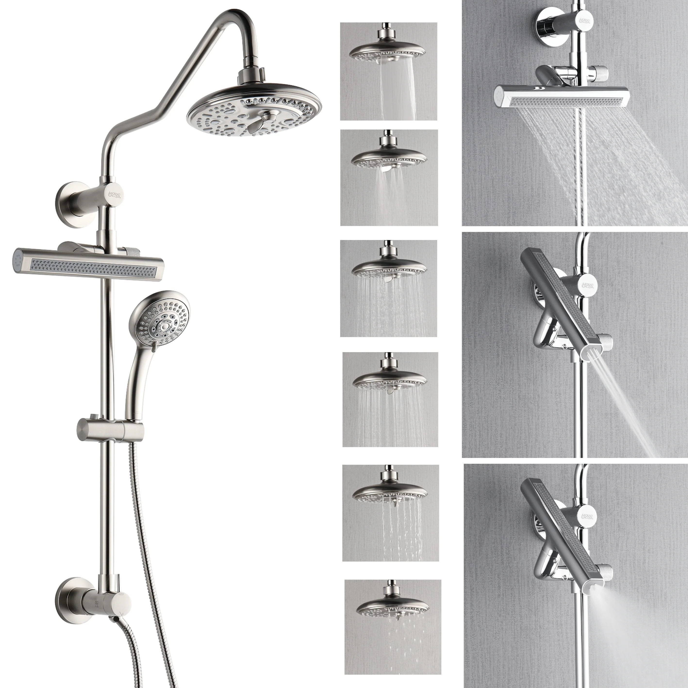 Forno Acqua AcquaFALL Shower, Brushed Nickel Finish, Overhead Rainfall Shower, 7 Way Diverter, Handheld Shower Head, Body Jets, 1.8 GPM Flow Rate - Image 2