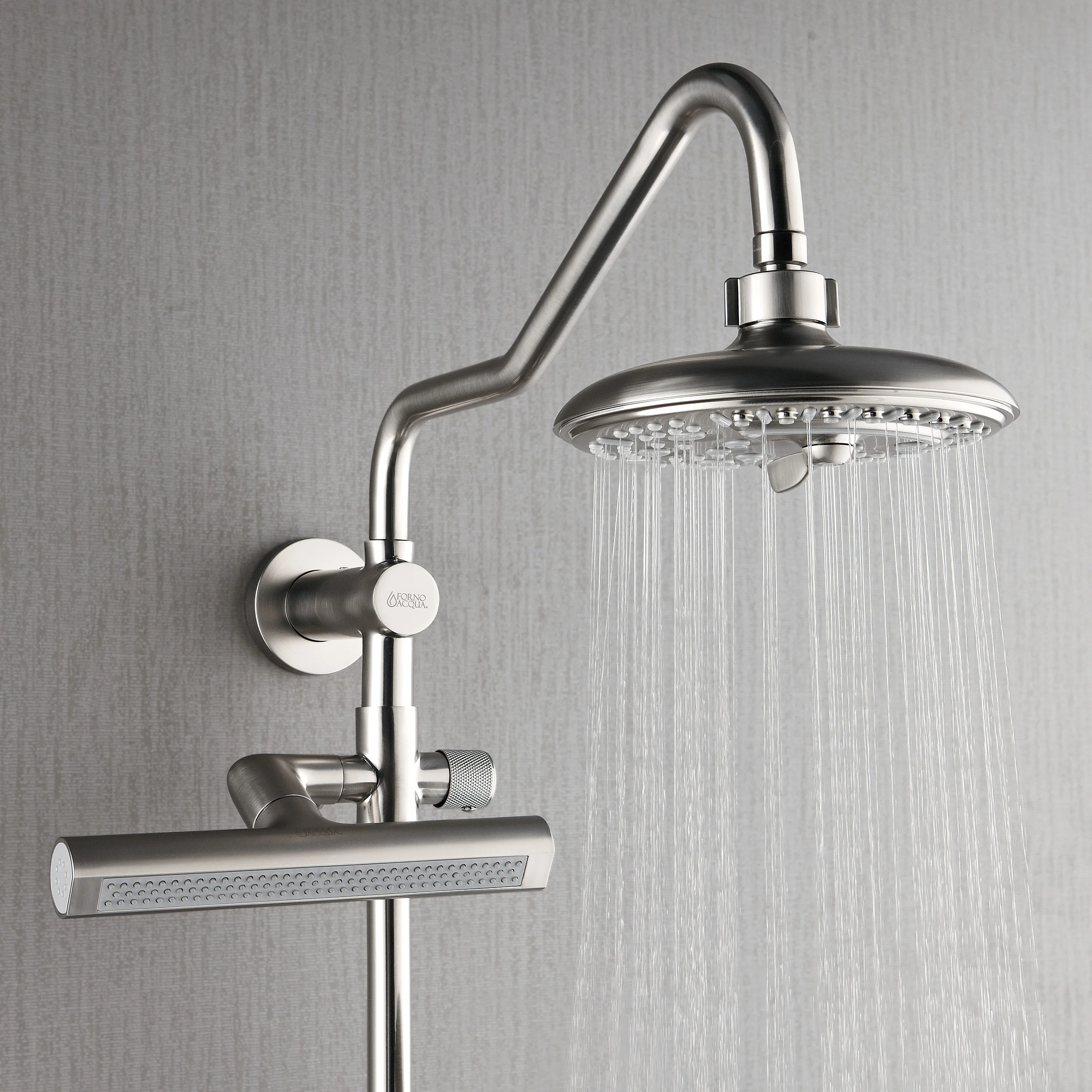 Forno Acqua AcquaFALL Shower, Brushed Nickel Finish, Overhead Rainfall Shower, 7 Way Diverter, Handheld Shower Head, Body Jets, 1.8 GPM Flow Rate - Image 3