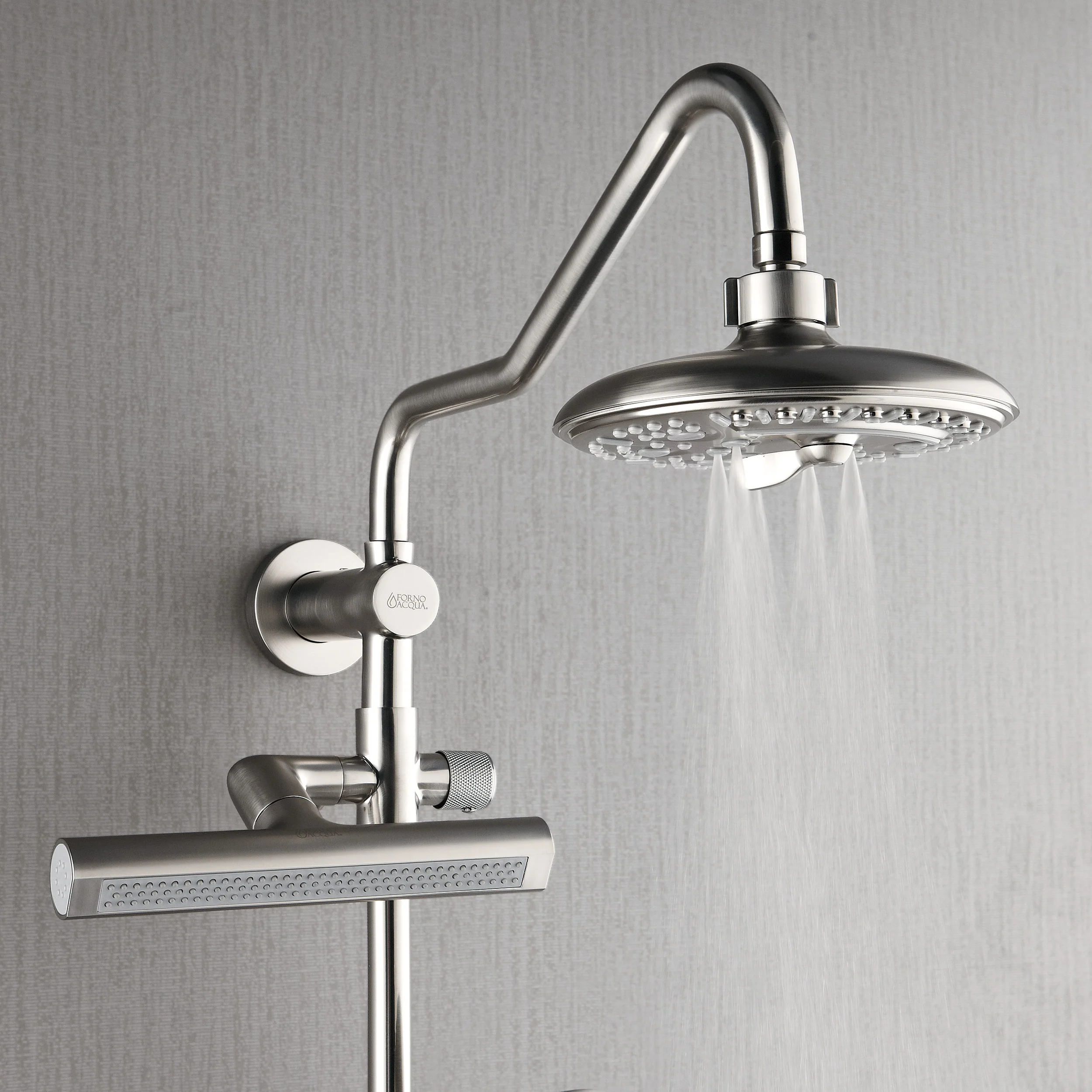 Forno Acqua AcquaFALL Shower, Brushed Nickel Finish, Overhead Rainfall Shower, 7 Way Diverter, Handheld Shower Head, Body Jets, 2.5 GPM Flow Rate - Image 4